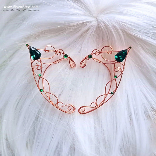 "Emerald Grove Elf Ears" Copper Elf Ears with Crystals - Elven Rose