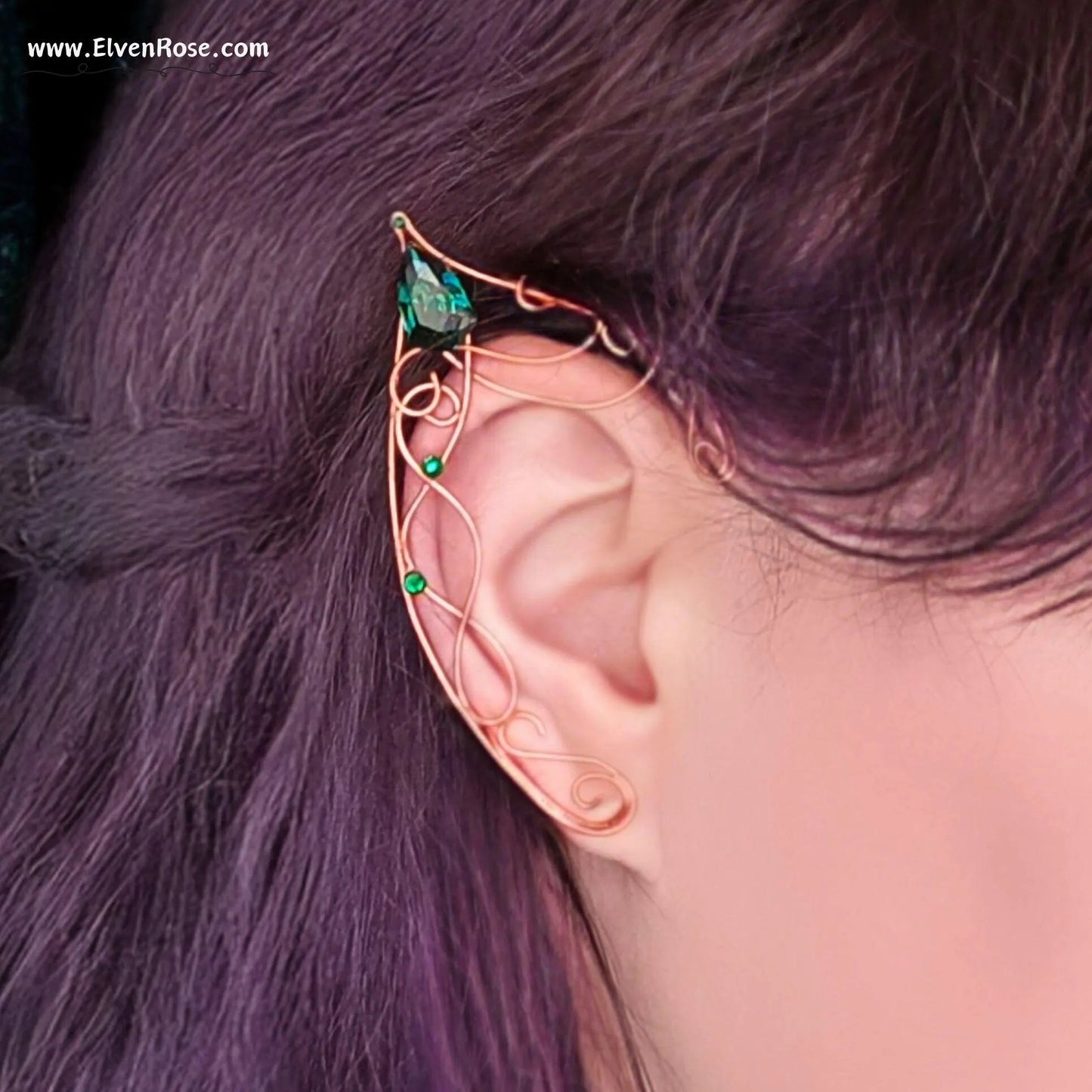 "Emerald Grove Elf Ears" Copper Elf Ears with Crystals - Elven Rose
