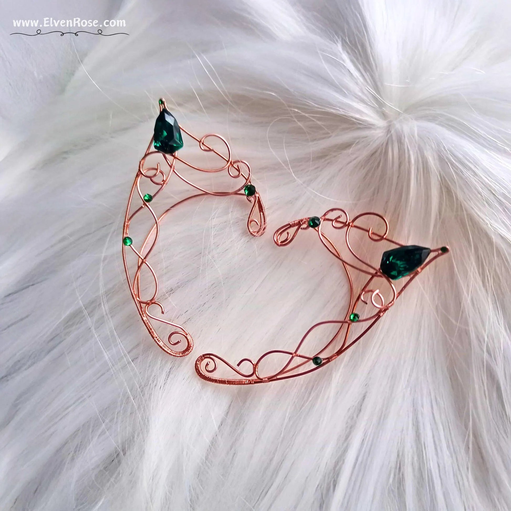 "Emerald Grove Elf Ears" Copper Elf Ears with Crystals - Elven Rose