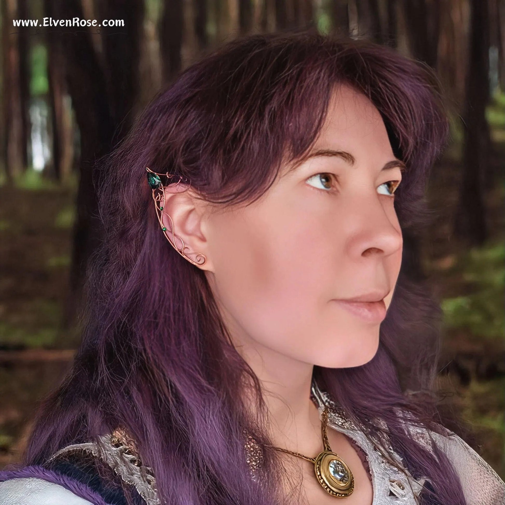 "Emerald Grove Elf Ears" Copper Elf Ears with Crystals - Elven Rose