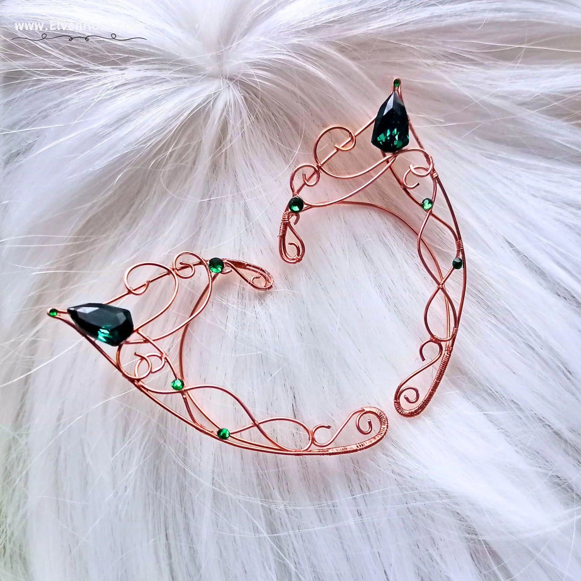 "Emerald Grove Elf Ears" Copper Elf Ears with Crystals - Elven Rose