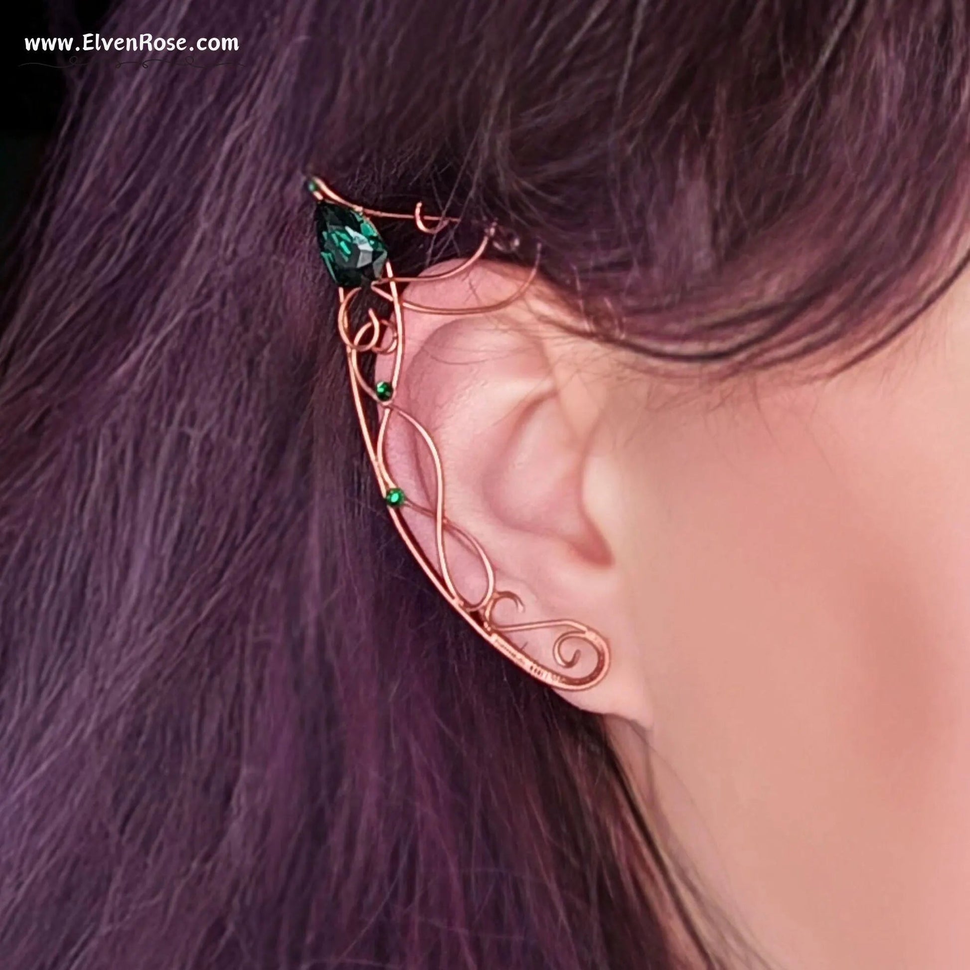 "Emerald Grove Elf Ears" Copper Elf Ears with Crystals - Elven Rose