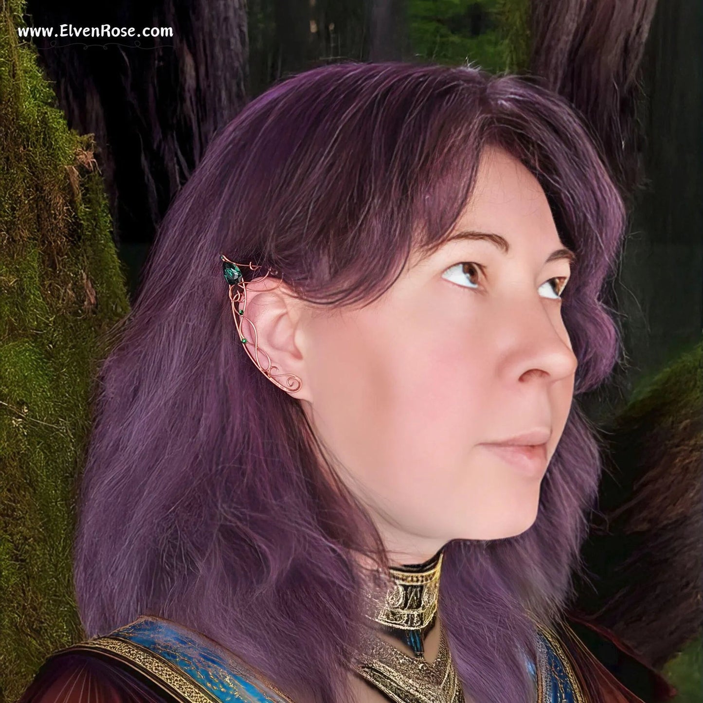 "Emerald Grove Elf Ears" Copper Elf Ears with Crystals - Elven Rose