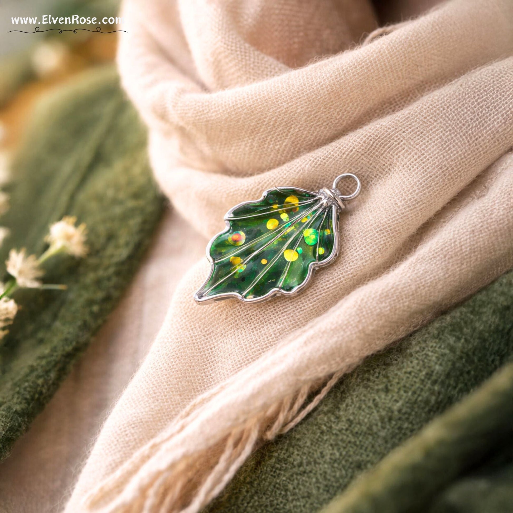 Enchanted Forest Leaf Brooch – Handmade Resin & Crystal Pin - Elven Rose