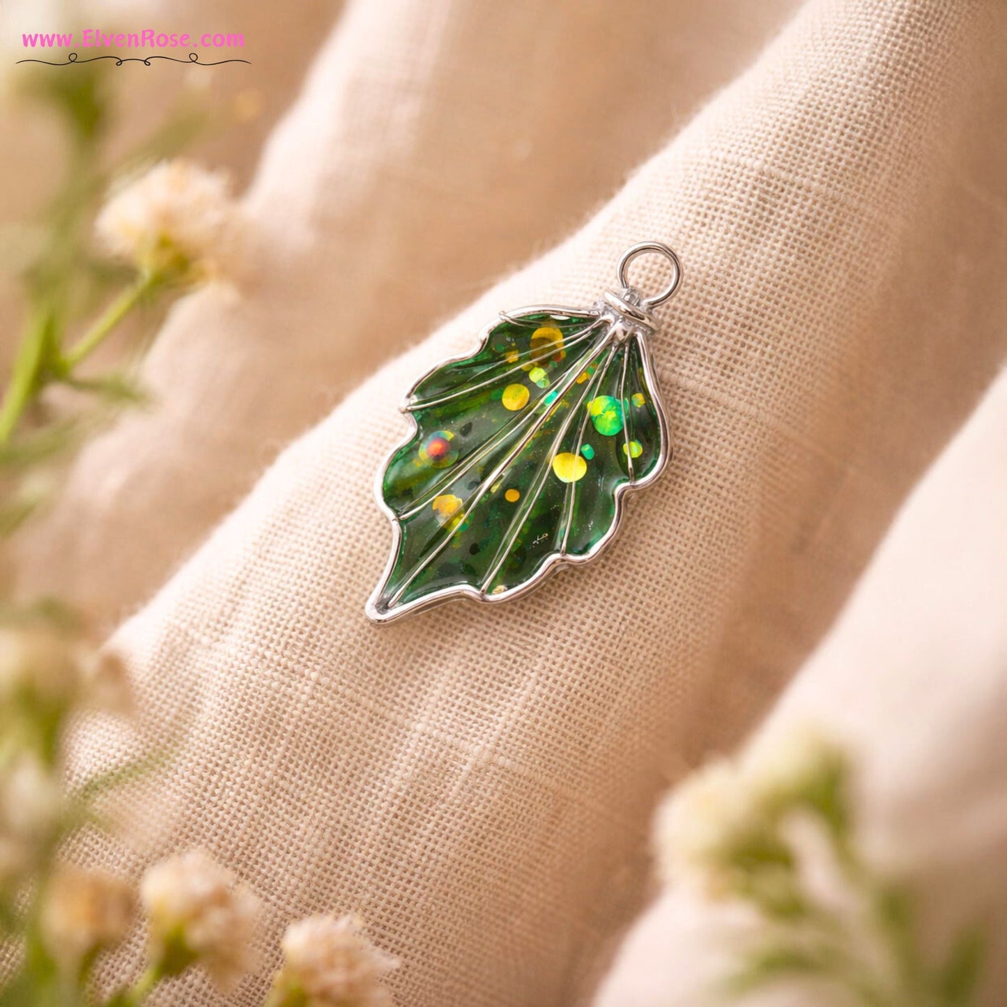 Enchanted Forest Leaf Brooch – Handmade Resin & Crystal Pin - Elven Rose