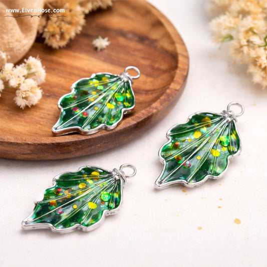 Enchanted Forest Leaf Brooch – Handmade Resin & Crystal Pin - Elven Rose