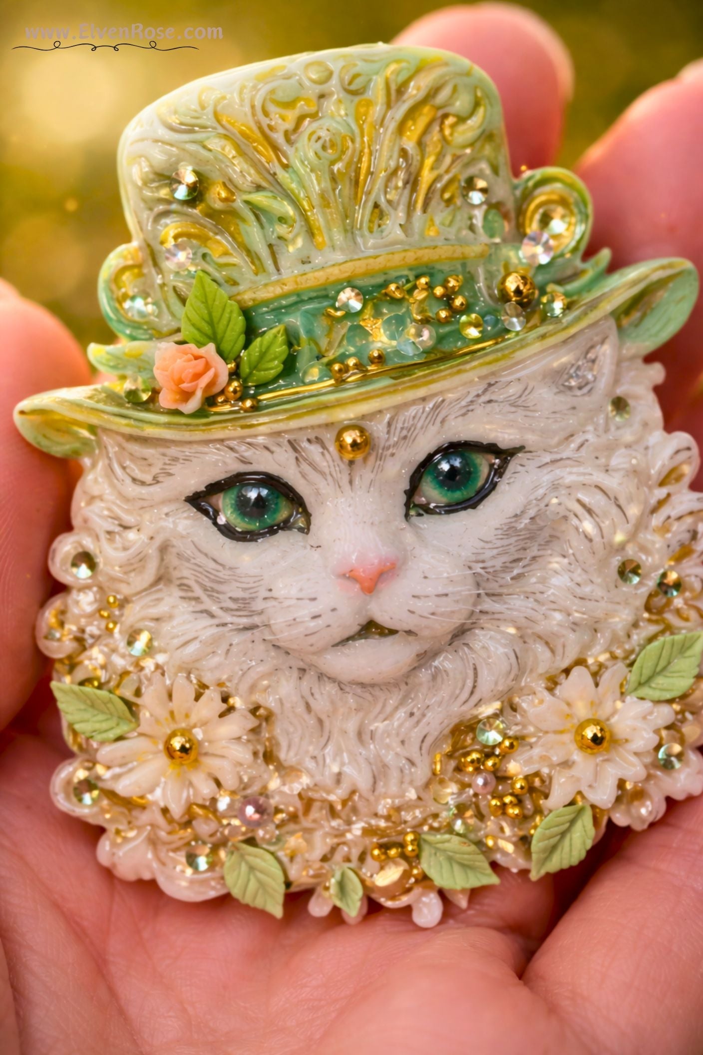 Enchanted Woodland Cat Brooch – Fairycore Resin & Crystal Pin - Elven Rose