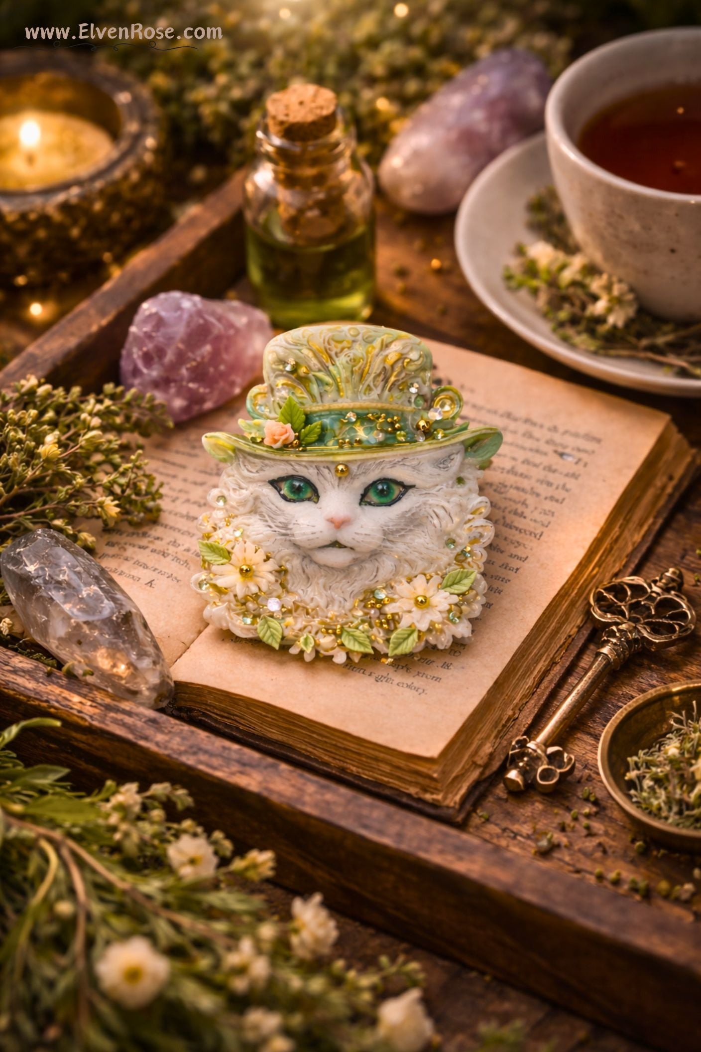 Enchanted Woodland Cat Brooch – Fairycore Resin & Crystal Pin - Elven Rose