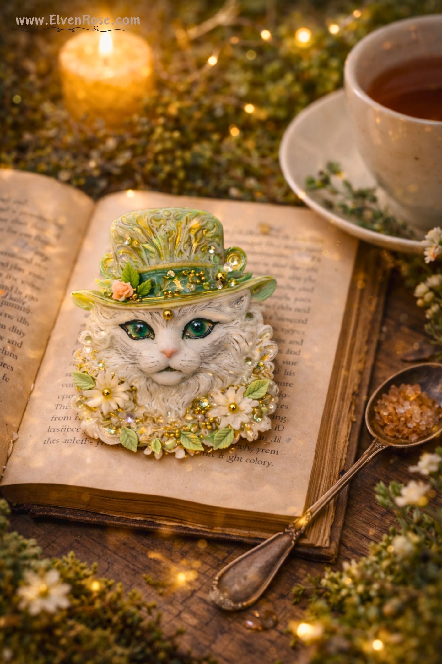 Enchanted Woodland Cat Brooch – Fairycore Resin & Crystal Pin - Elven Rose