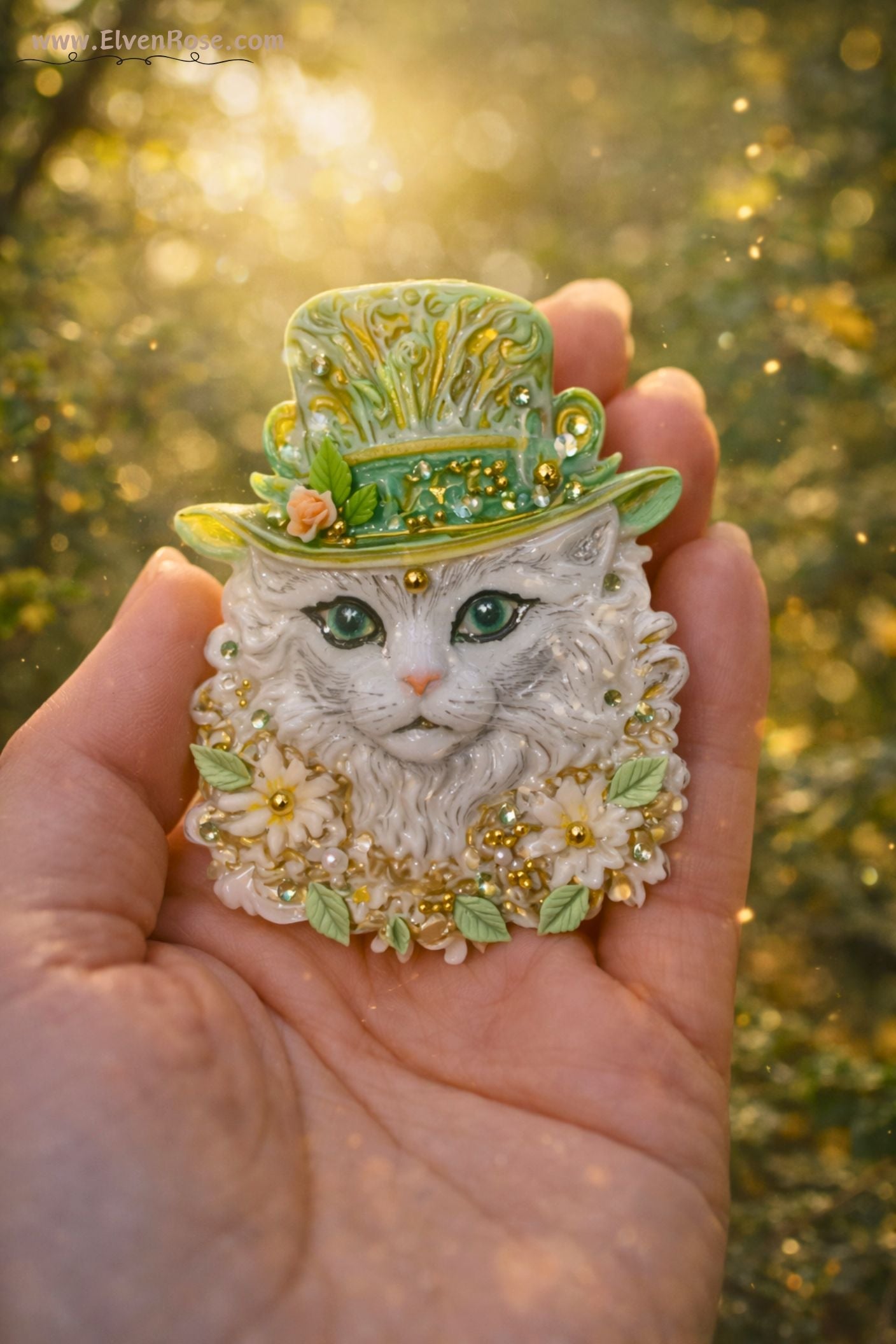 Enchanted Woodland Cat Brooch – Fairycore Resin & Crystal Pin - Elven Rose