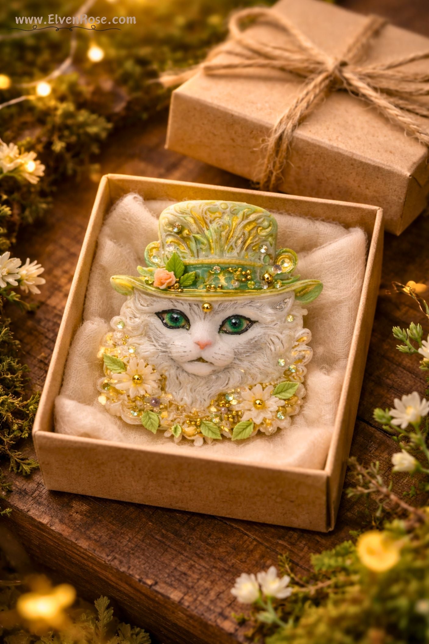 Enchanted Woodland Cat Brooch – Fairycore Resin & Crystal Pin - Elven Rose