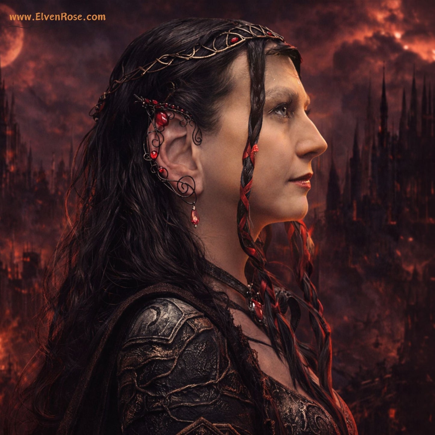 "Fiery Black Elf Ears" Gothic Fantasy Elf Earrings - Elven Rose
