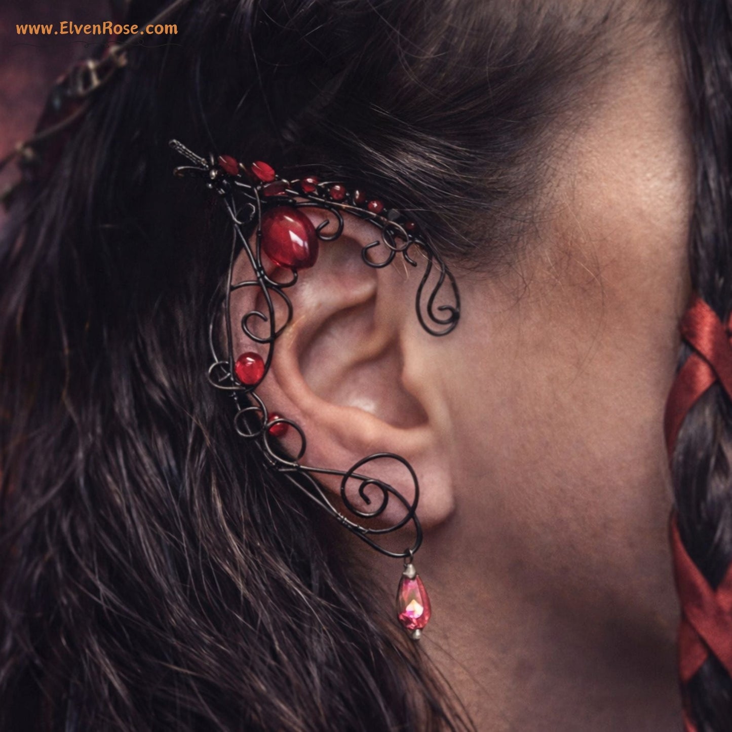 "Fiery Black Elf Ears" Gothic Fantasy Elf Earrings - Elven Rose