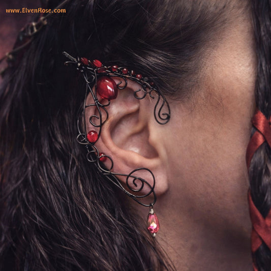 "Fiery Black Elf Ears" Gothic Fantasy Elf Earrings - Elven Rose