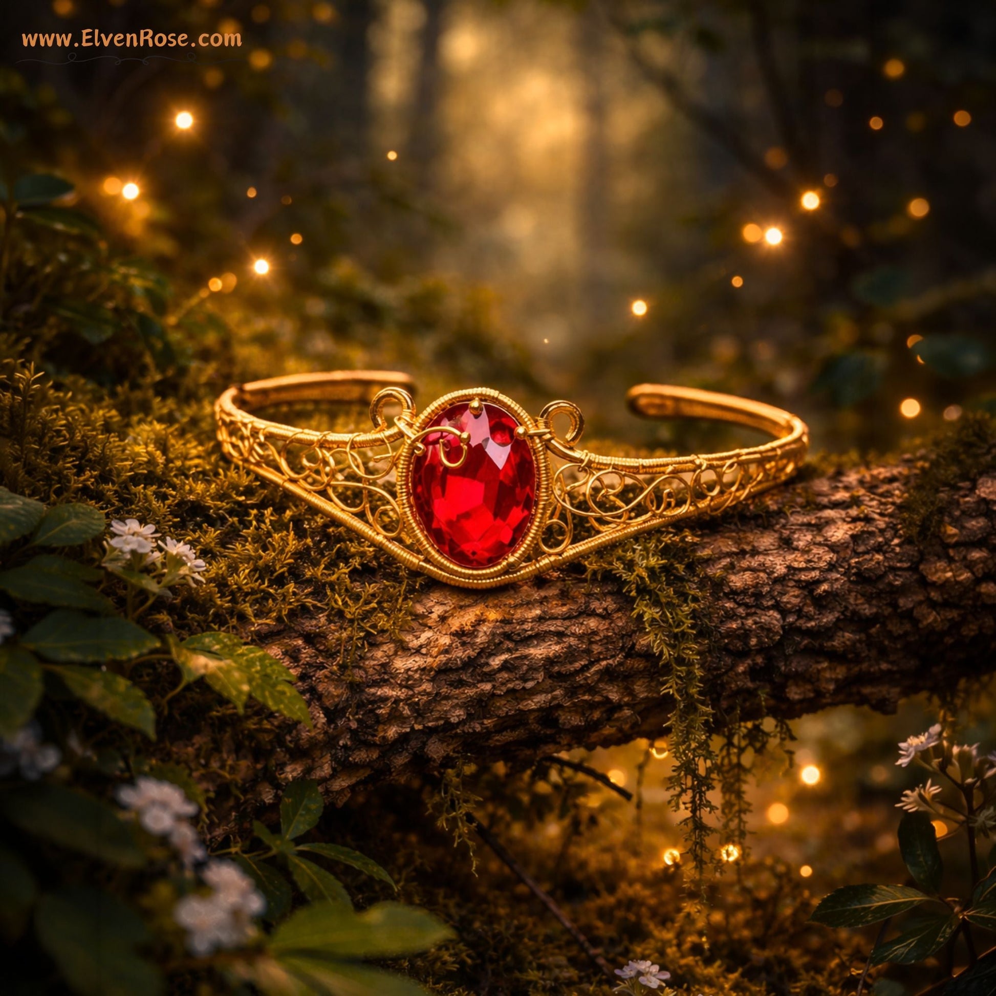 "Fire Seed Cuff Bracelet" Gold Bracelet with Red Crystals - Elven Rose