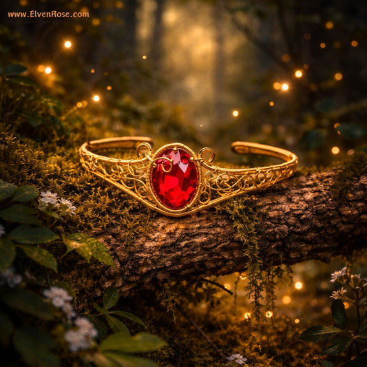 "Fire Seed Cuff Bracelet" Gold Bracelet with Red Crystals - Elven Rose