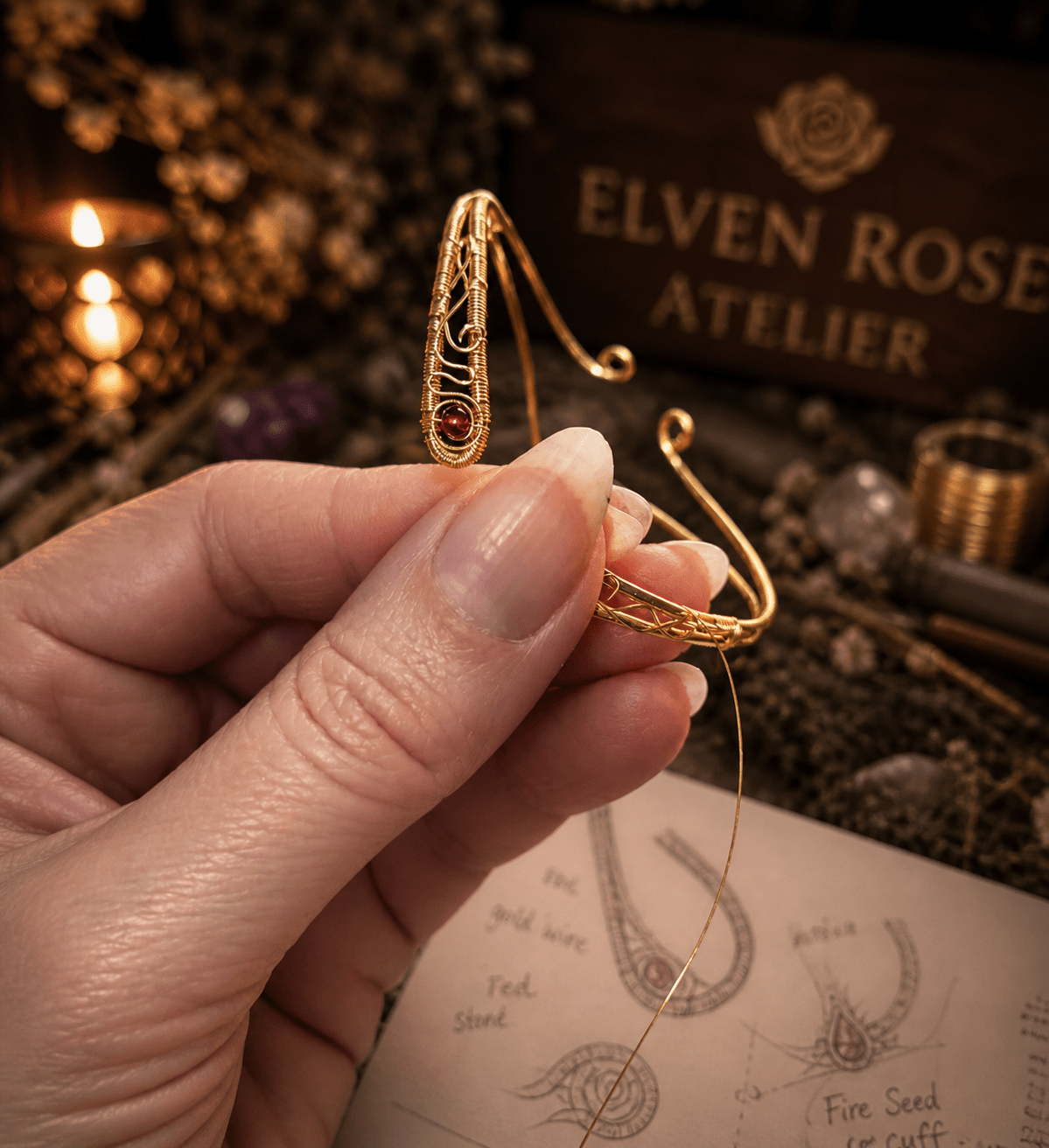 "Fire Seed Cuff Bracelet" Gold Bracelet with Red Crystals - Elven Rose