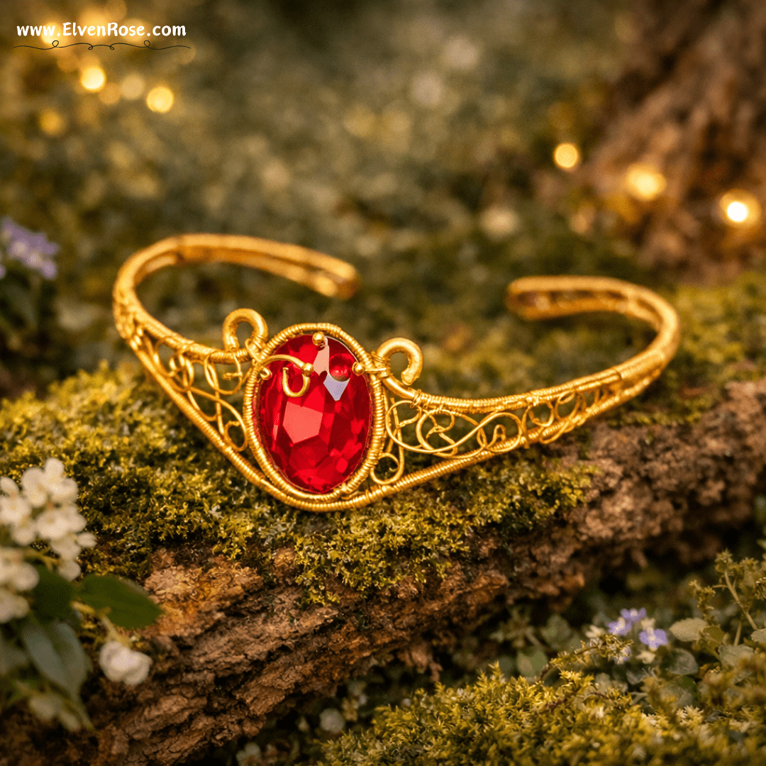 "Fire Seed Cuff Bracelet" Gold Bracelet with Red Crystals - Elven Rose