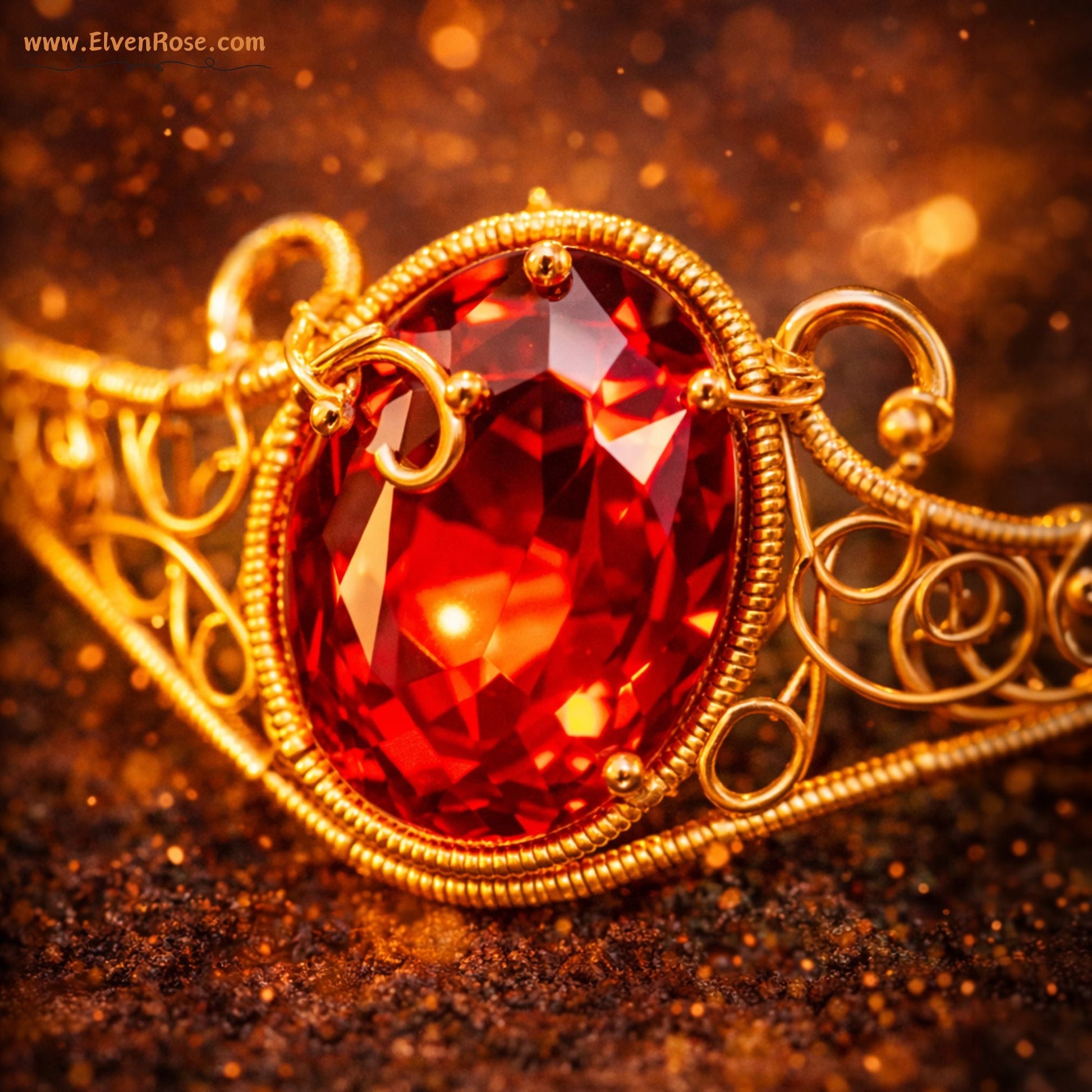 "Fire Seed Cuff Bracelet" Gold Bracelet with Red Crystals - Elven Rose