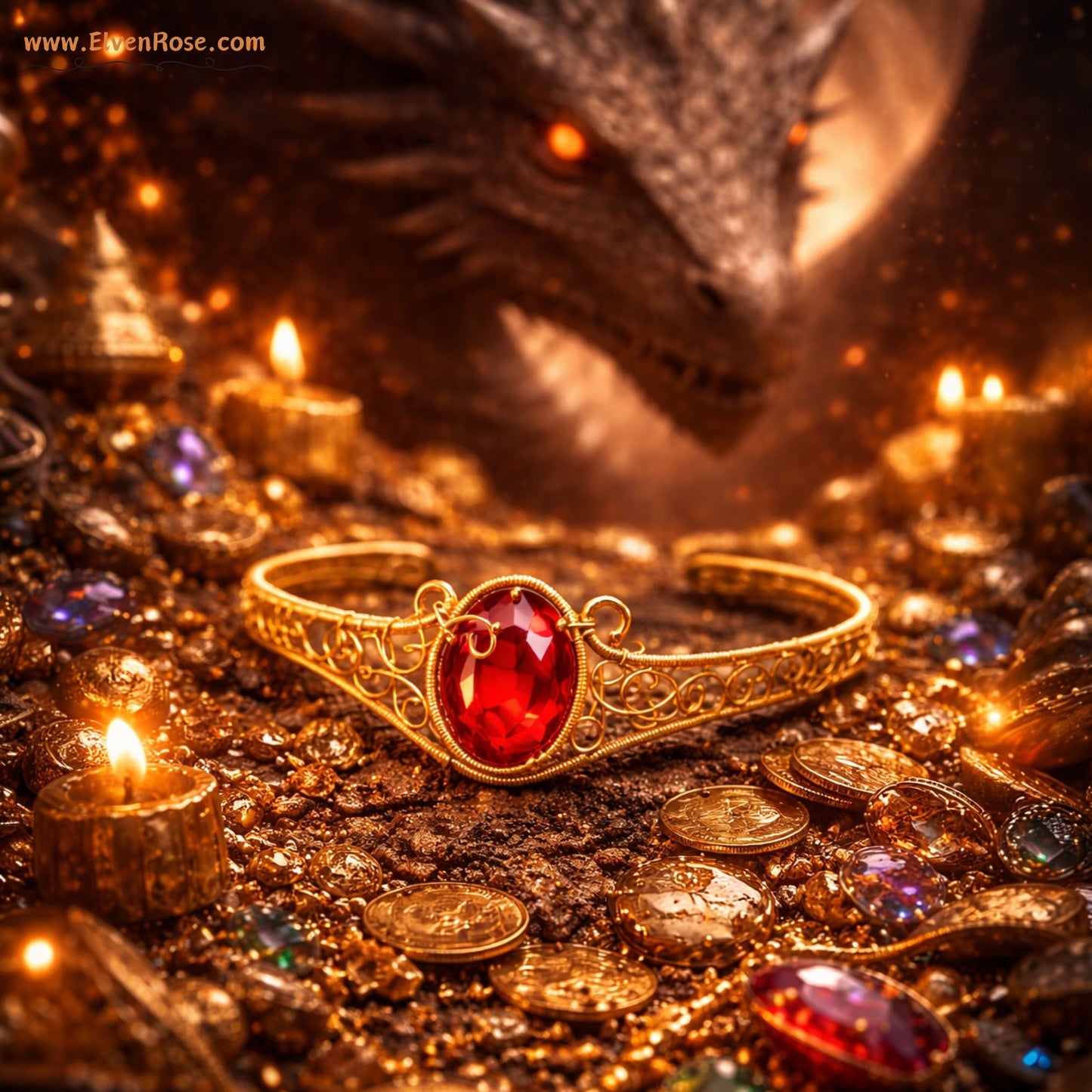 "Fire Seed Cuff Bracelet" Gold Bracelet with Red Crystals - Elven Rose