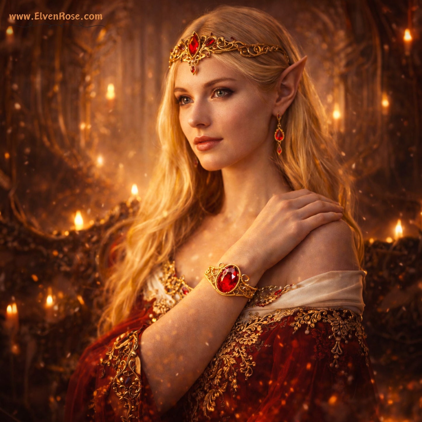 "Fire Seed Cuff Bracelet" Gold Bracelet with Red Crystals - Elven Rose