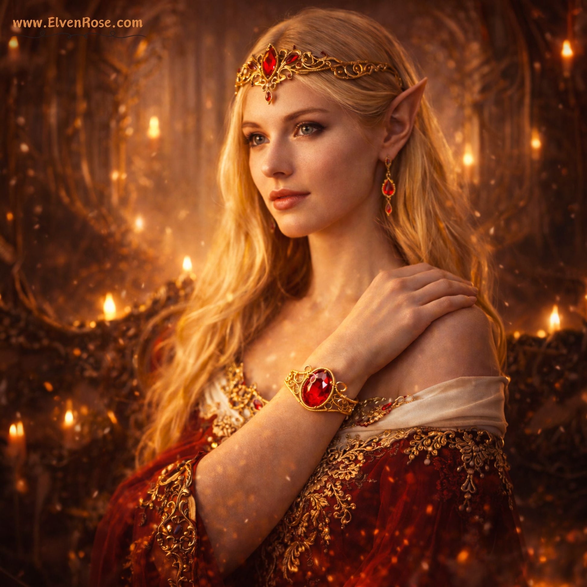 "Fire Seed Cuff Bracelet" Gold Bracelet with Red Crystals - Elven Rose