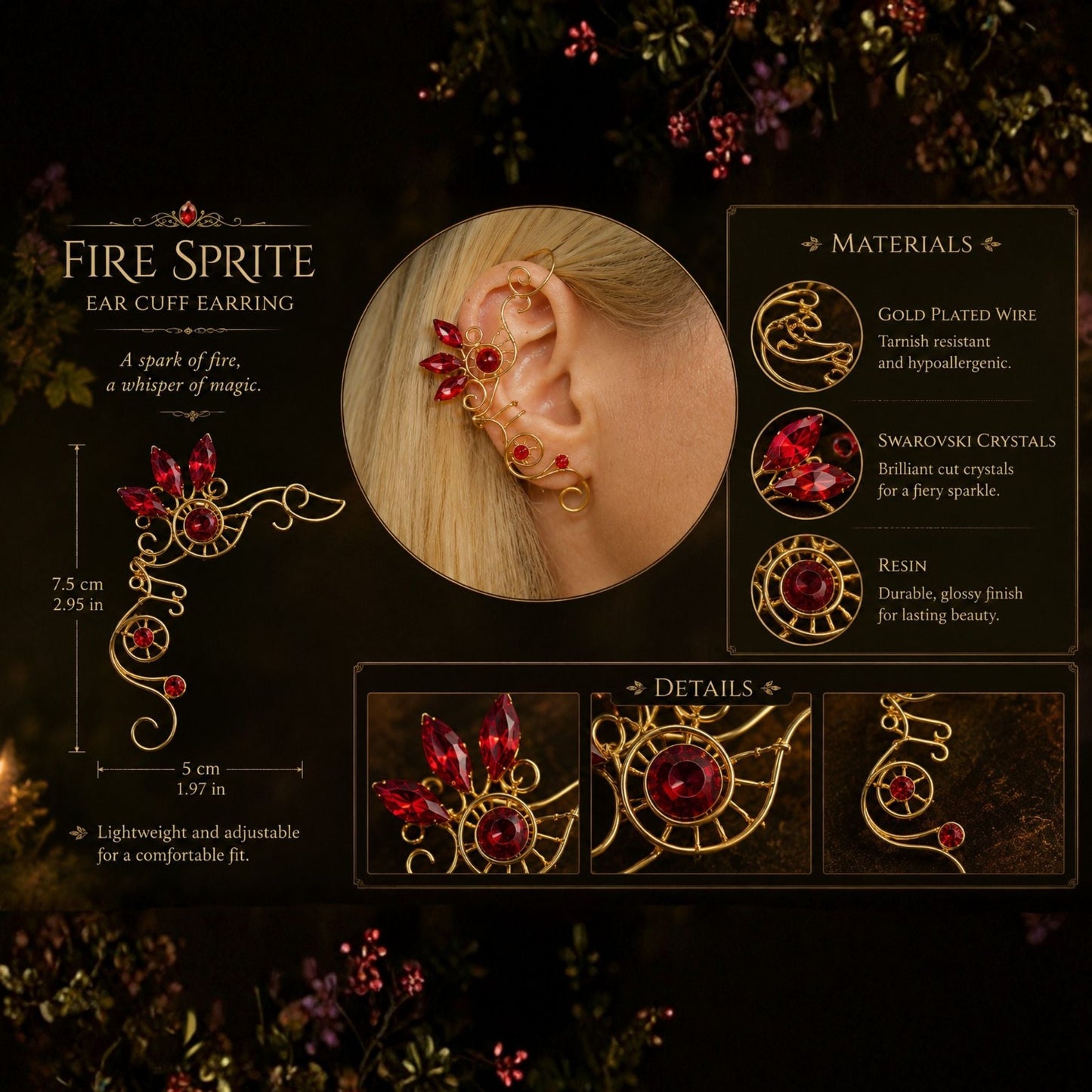 "Fire Sprite" Fantasy Ear Cuff - Elven Rose
