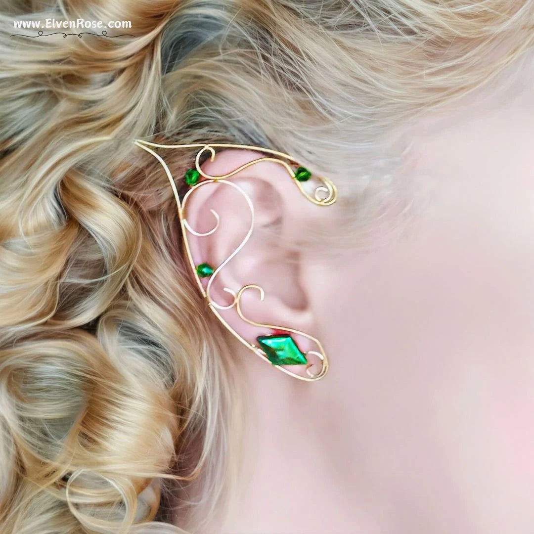 "Green Light" Elf Ear Earrings with Swarovski Crystals - Elven Rose