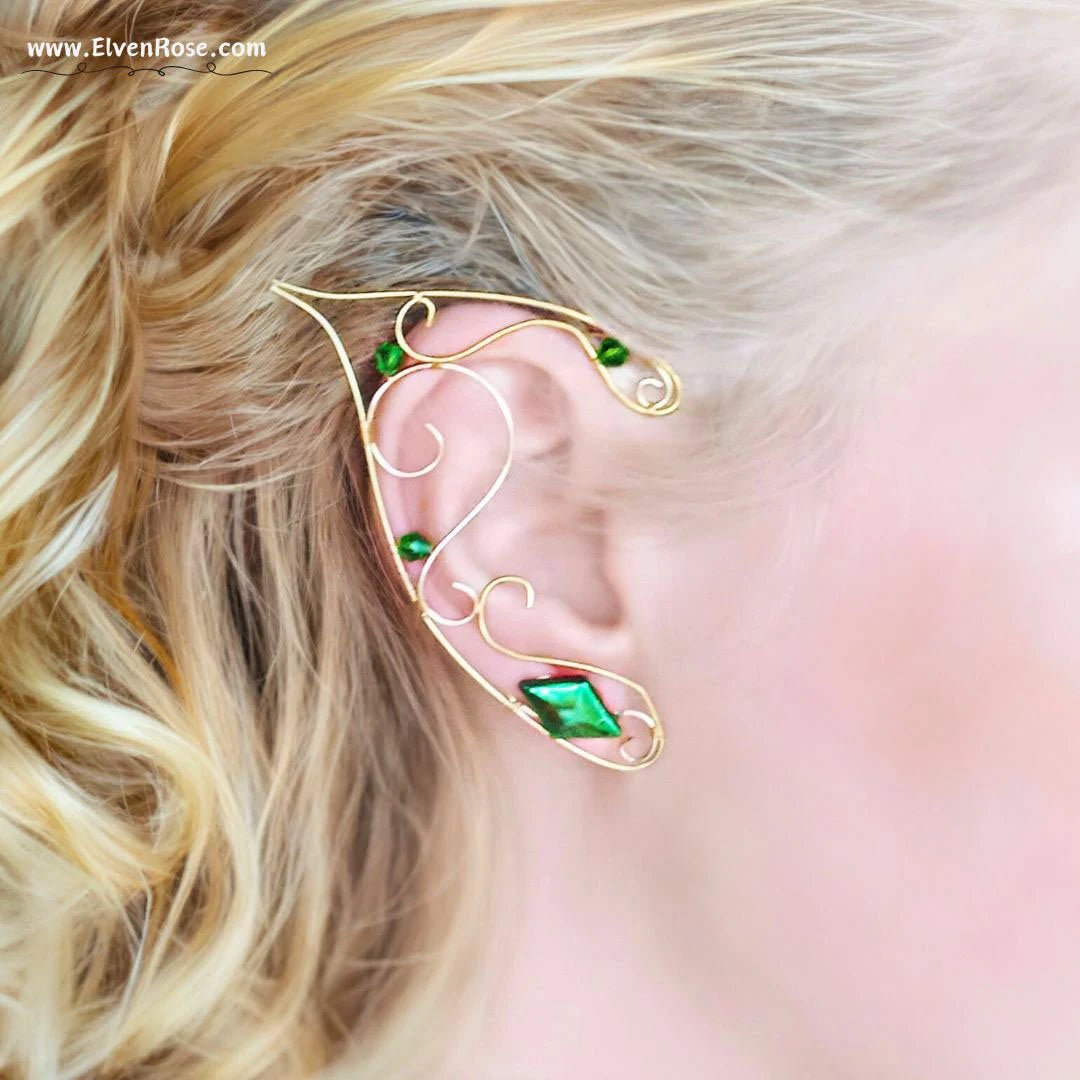 "Green Light" Elf Ear Earrings with Swarovski Crystals - Elven Rose