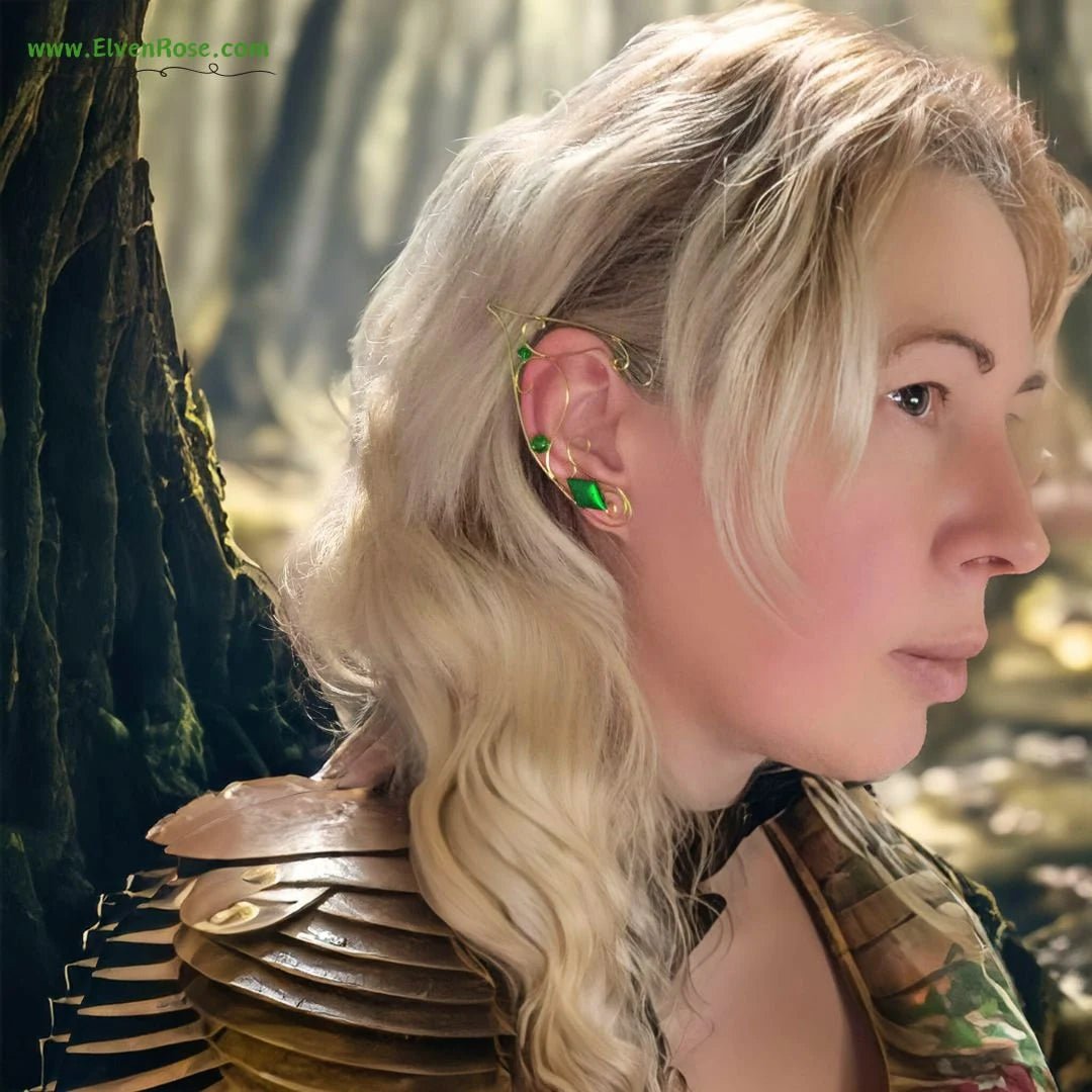 "Green Light" Elf Ear Earrings with Swarovski Crystals - Elven Rose