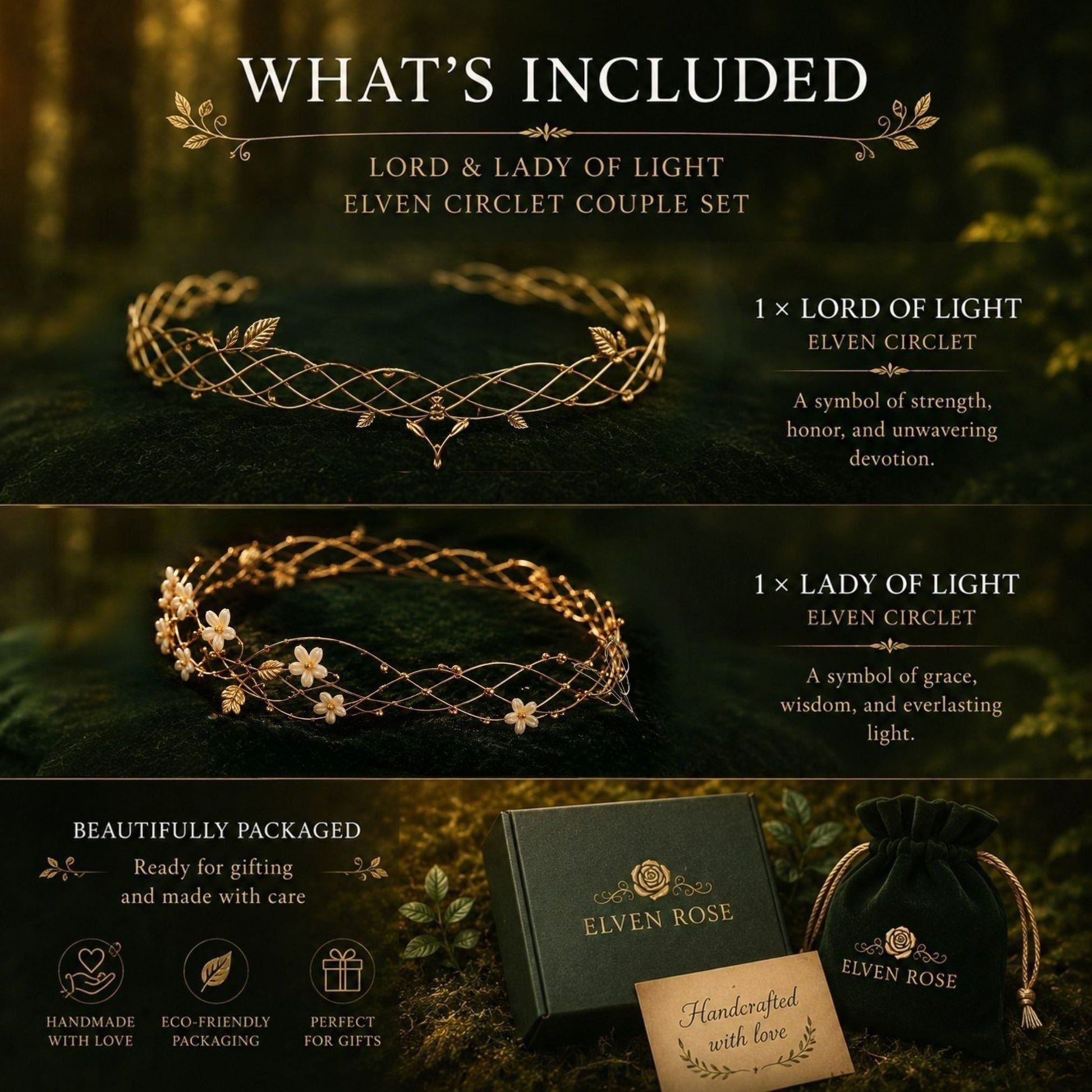 Lord & Lady of Light – Matching Elven Circlet Set for Couples - Elven Rose