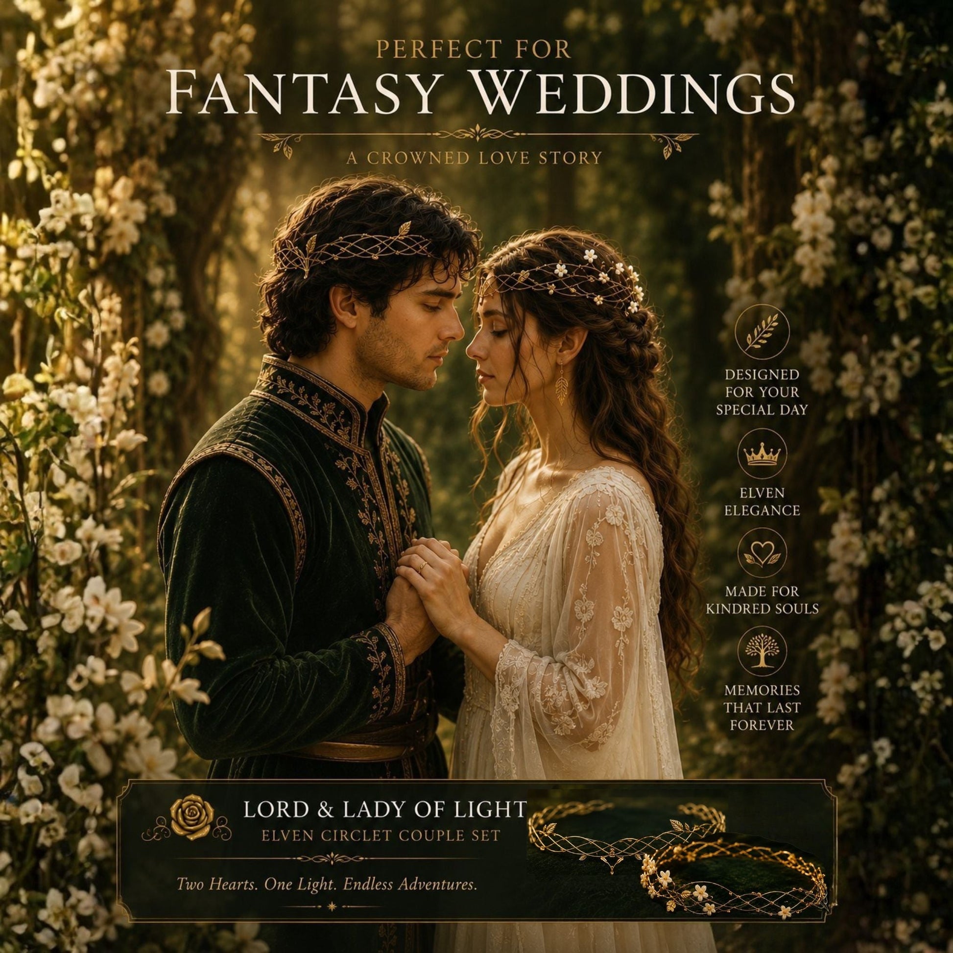 Lord & Lady of Light – Matching Elven Circlet Set for Couples - Elven Rose