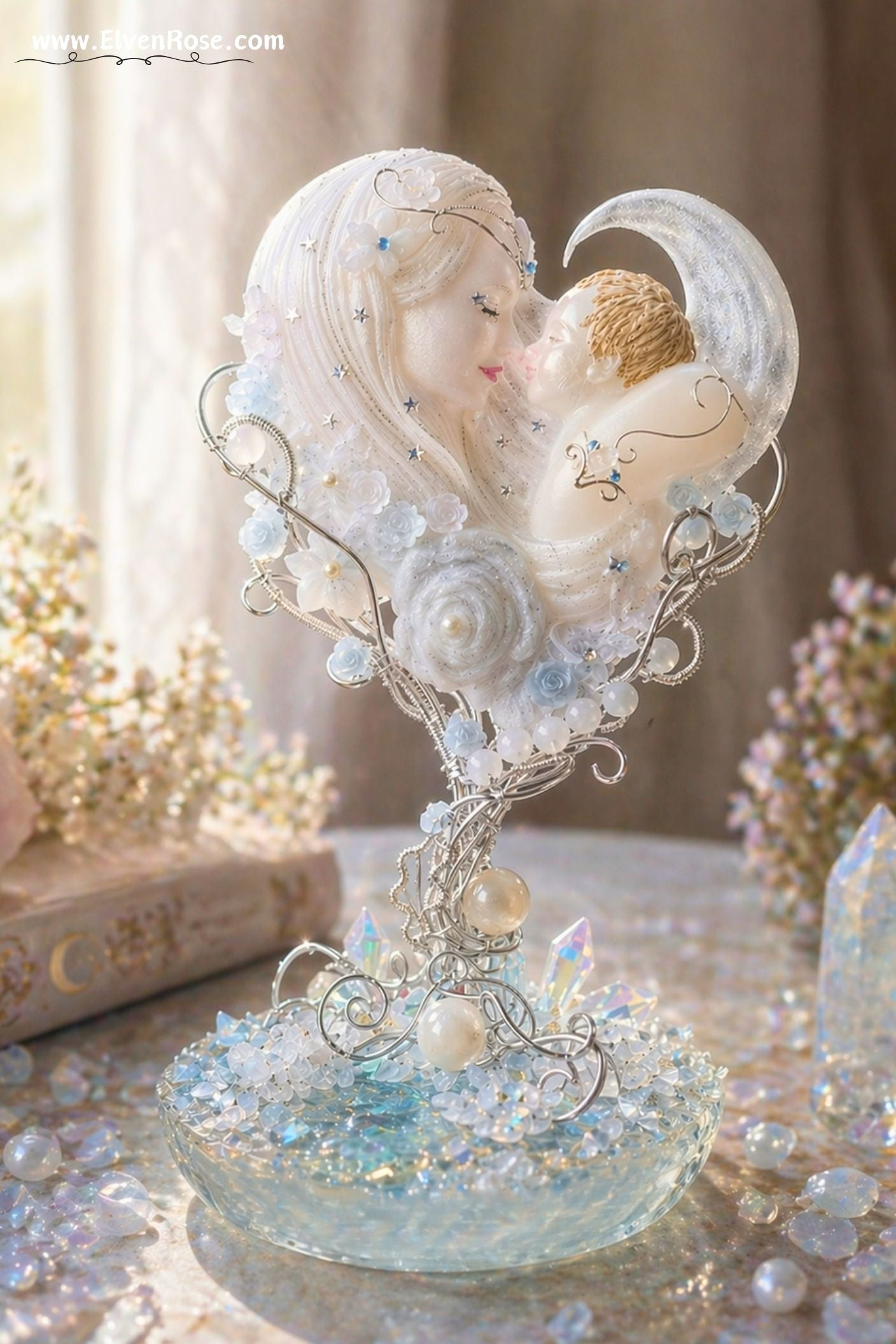 Lunar Mother Figurine – Handmade Resin Goddess with Moonstone & Crystals - Elven Rose