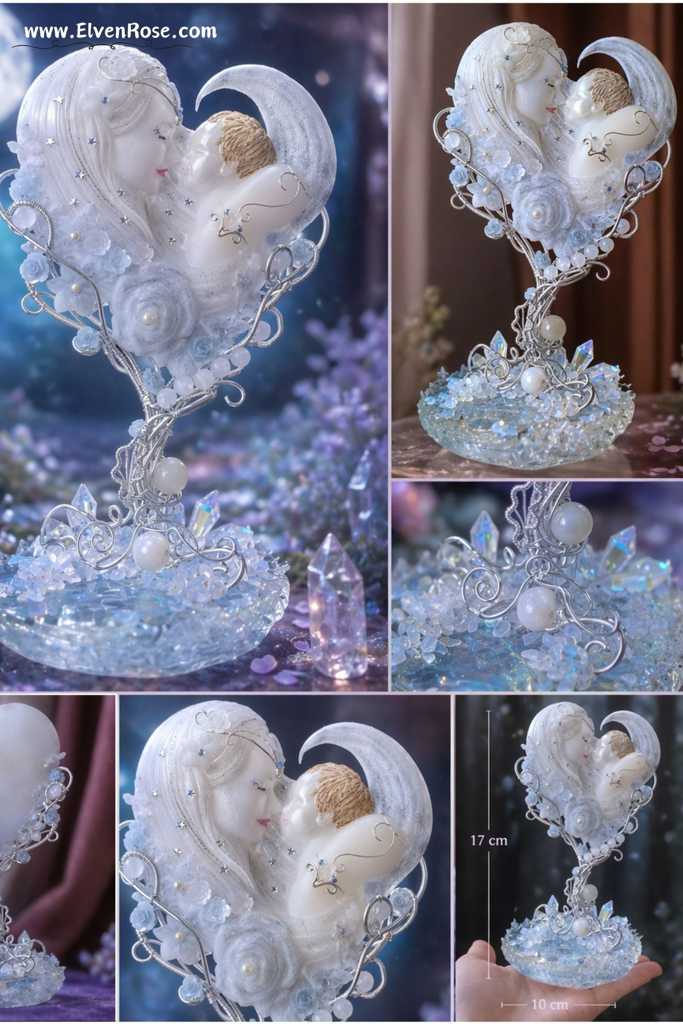 Lunar Mother Figurine – Handmade Resin Goddess with Moonstone & Crystals - Elven Rose
