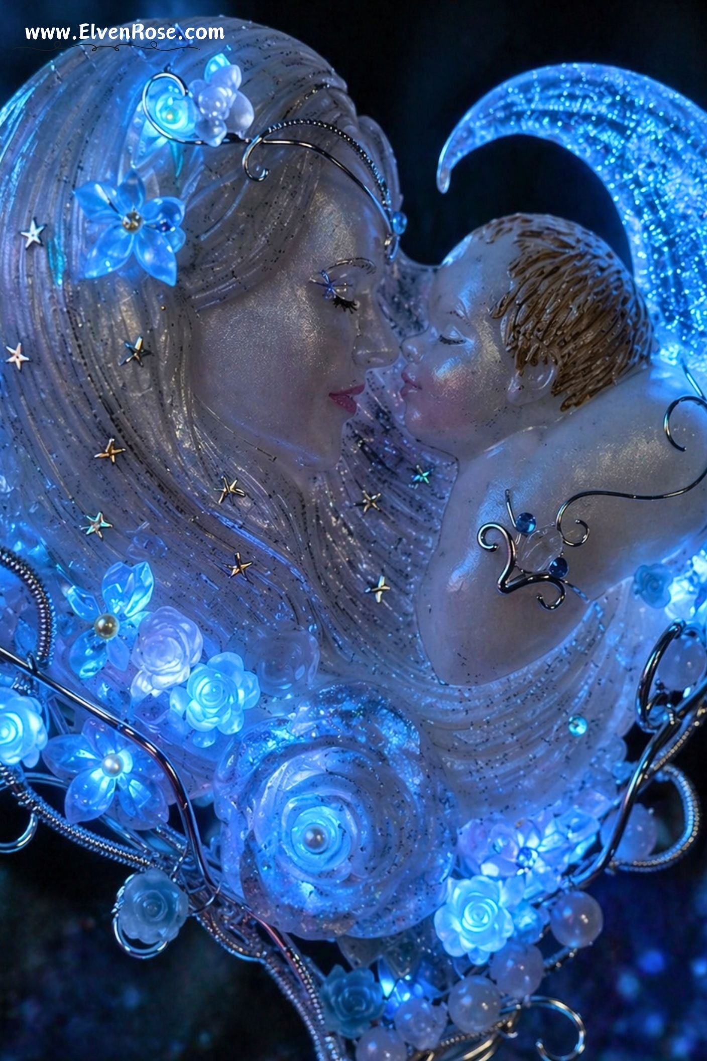 Lunar Mother Figurine – Handmade Resin Goddess with Moonstone & Crystals - Elven Rose