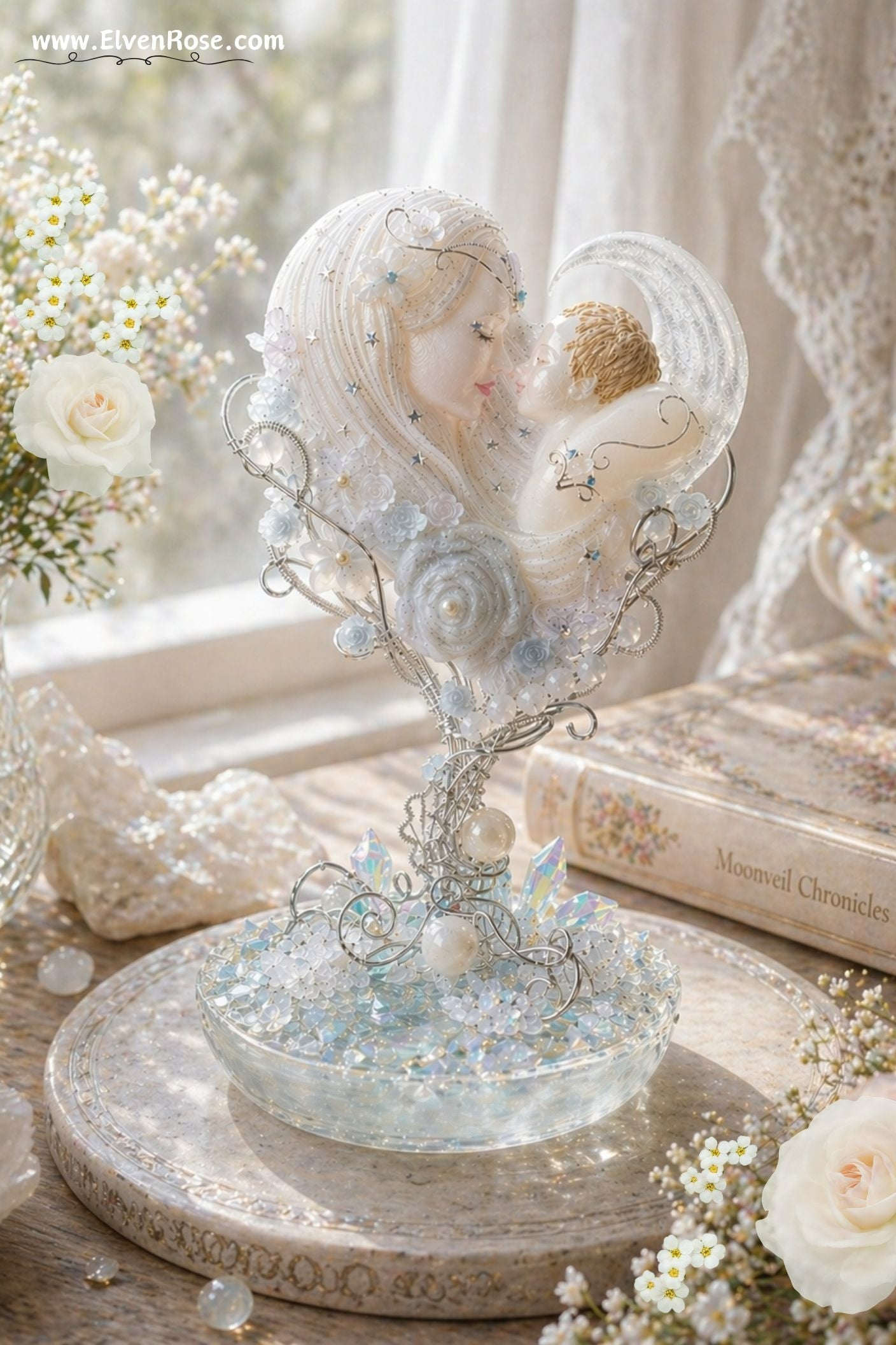 Lunar Mother Figurine – Handmade Resin Goddess with Moonstone & Crystals - Elven Rose