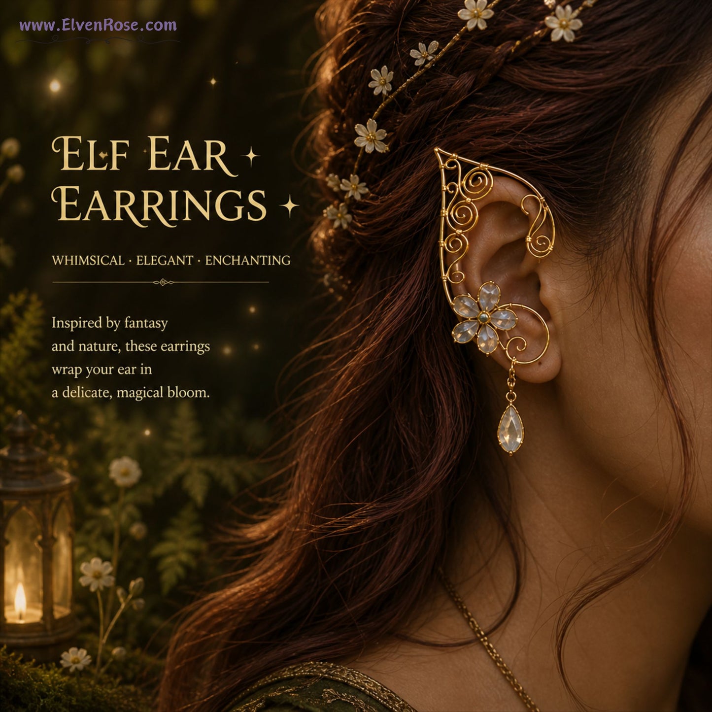 Moonpetal Elven Ear Cuffs – Fantasy Fairy Ear Wrap Jewelry - Elven Rose