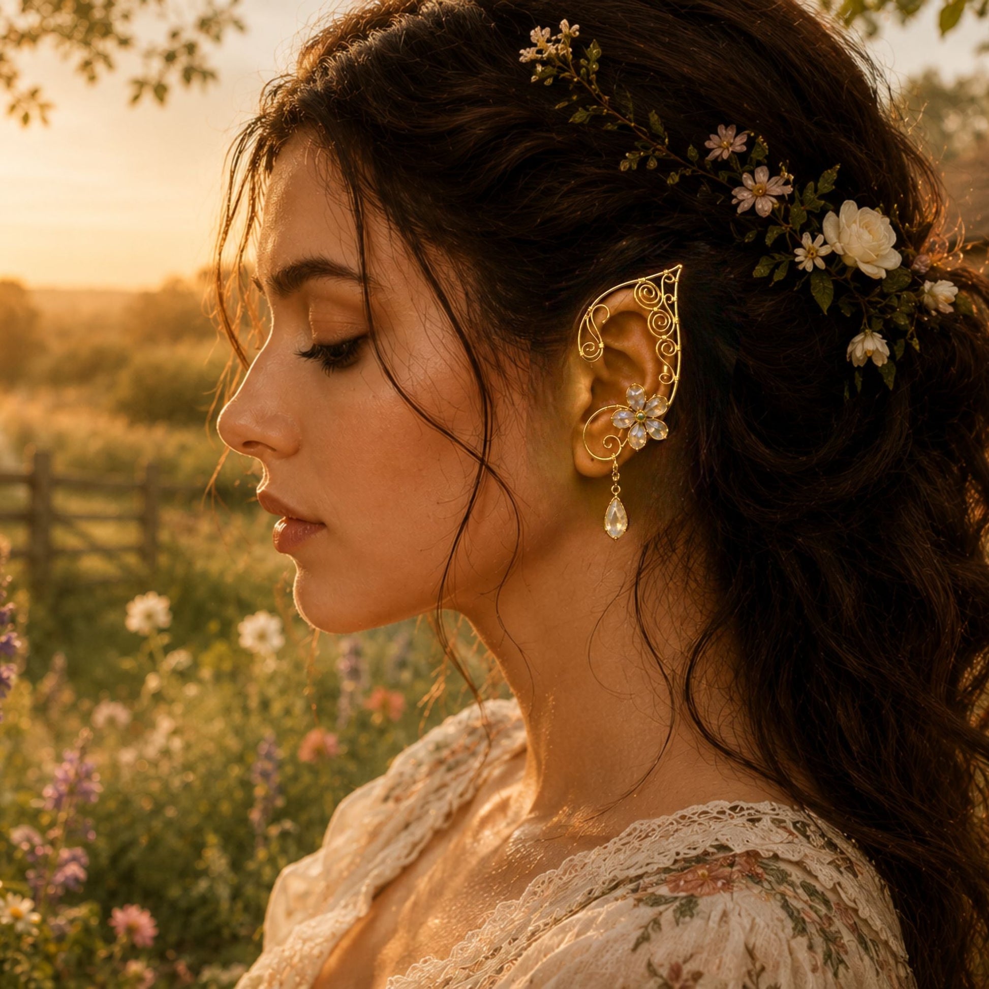 Moonpetal Elven Ear Cuffs – Fantasy Fairy Ear Wrap Jewelry - Elven Rose