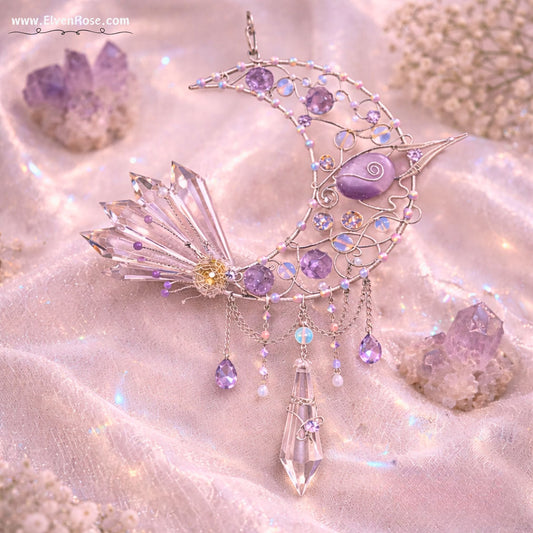 Moonshard Reliquary – Crescent Moon Crystal Suncatcher - Elven Rose