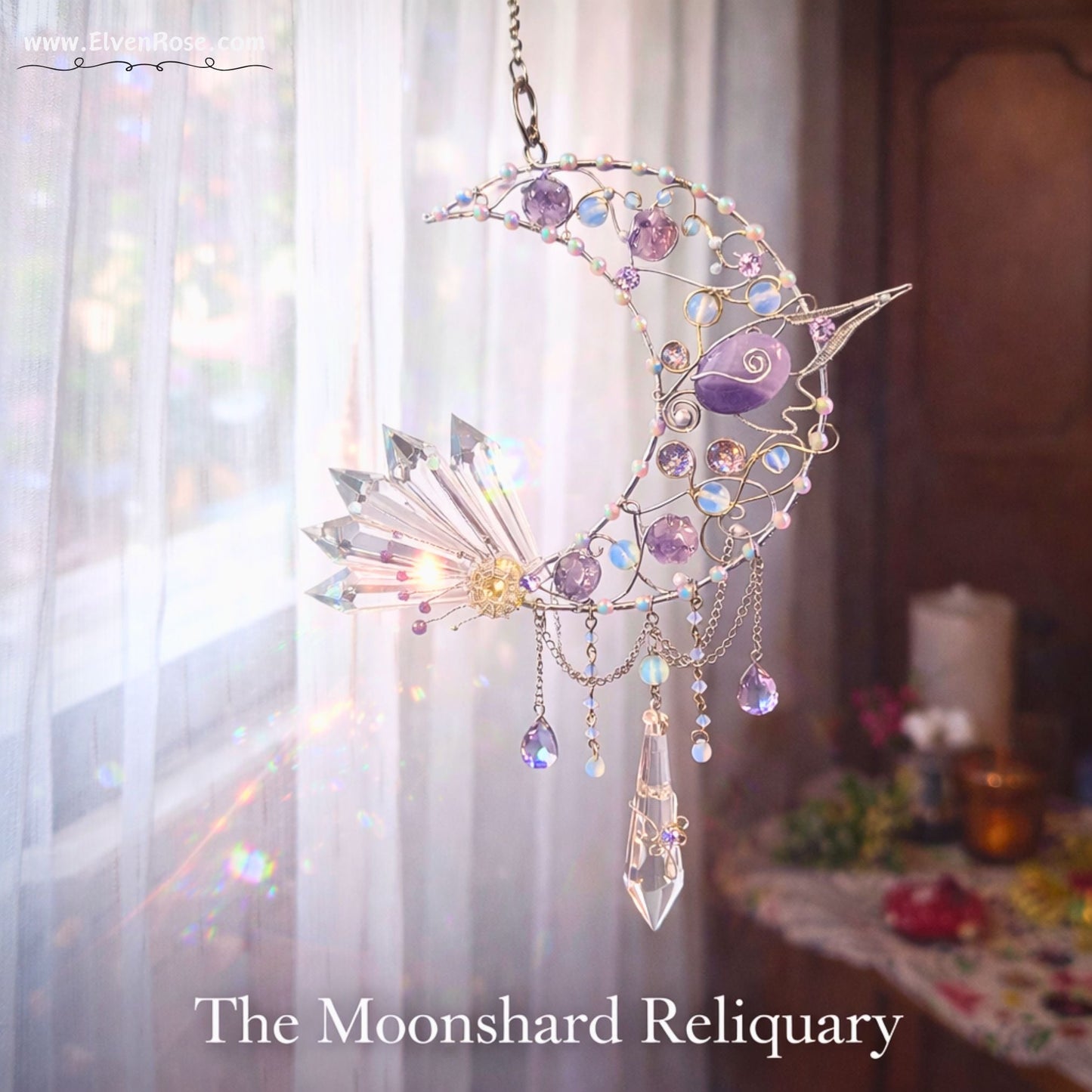 Moonshard Reliquary – Crescent Moon Crystal Suncatcher - Elven Rose