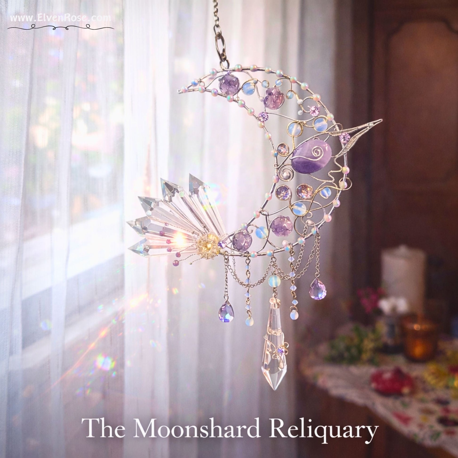 Moonshard Reliquary – Crescent Moon Crystal Suncatcher - Elven Rose