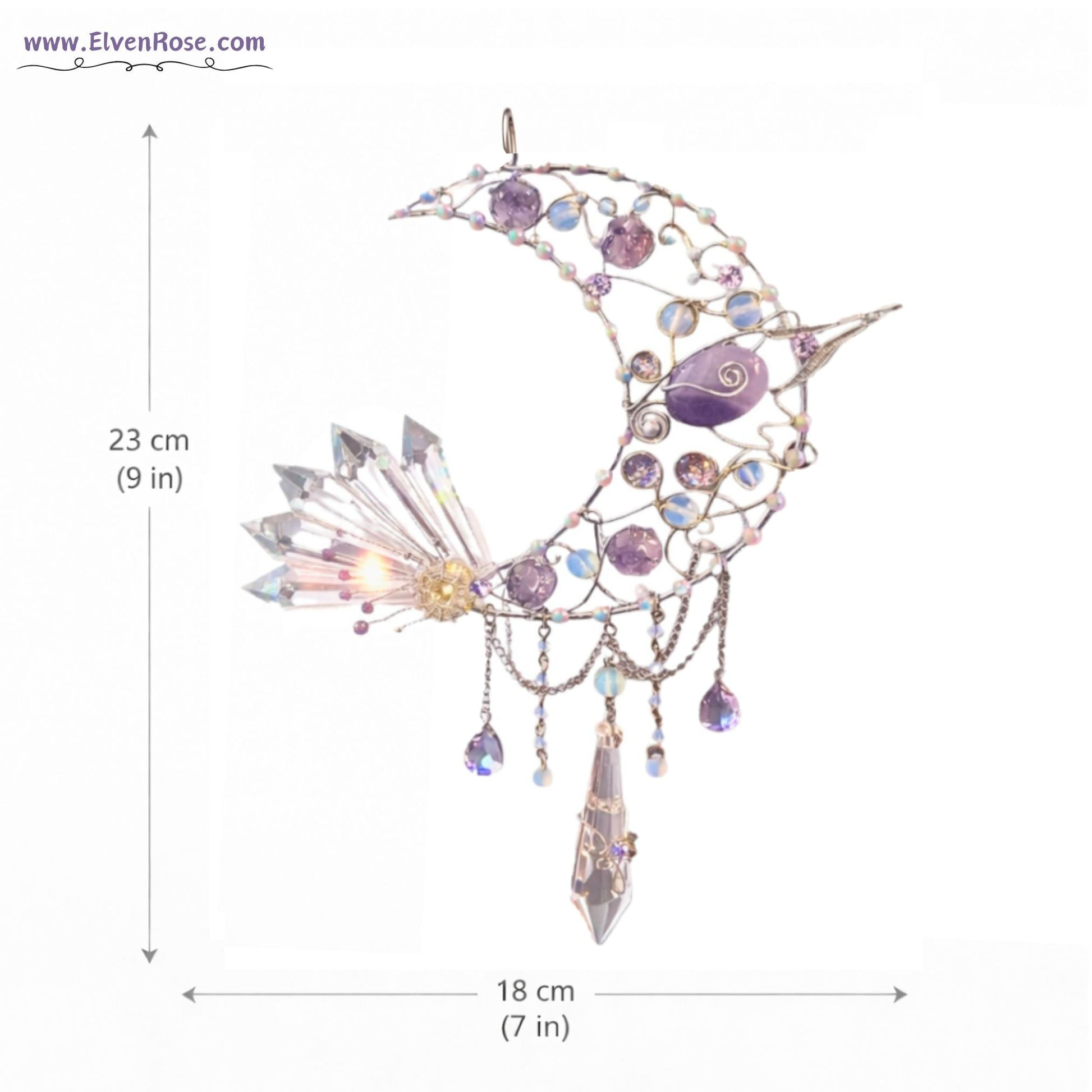 Moonshard Reliquary – Crescent Moon Crystal Suncatcher - Elven Rose