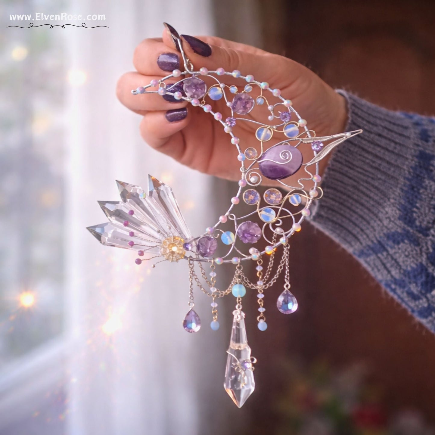 Moonshard Reliquary – Crescent Moon Crystal Suncatcher - Elven Rose