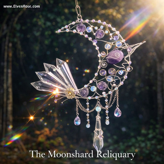 Moonshard Reliquary – Crescent Moon Crystal Suncatcher - Elven Rose