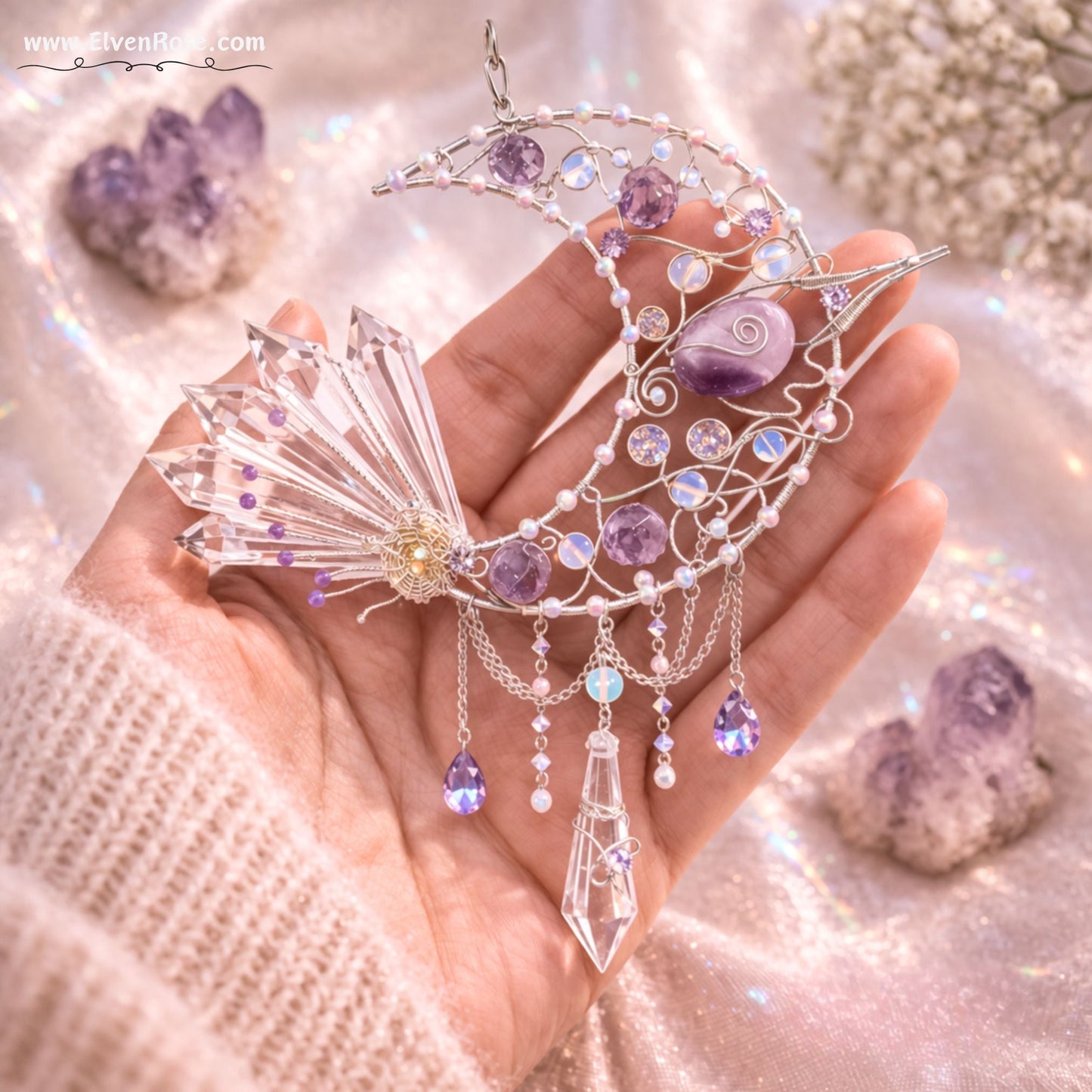 Moonshard Reliquary – Crescent Moon Crystal Suncatcher - Elven Rose