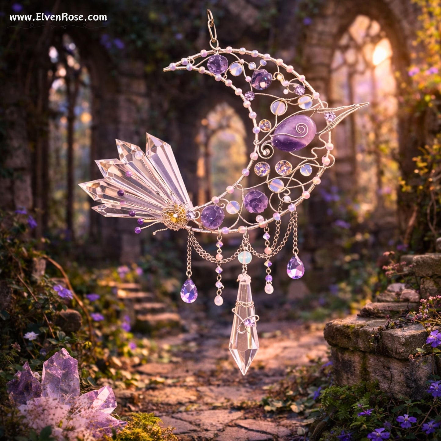 Moonshard Reliquary – Crescent Moon Crystal Suncatcher - Elven Rose