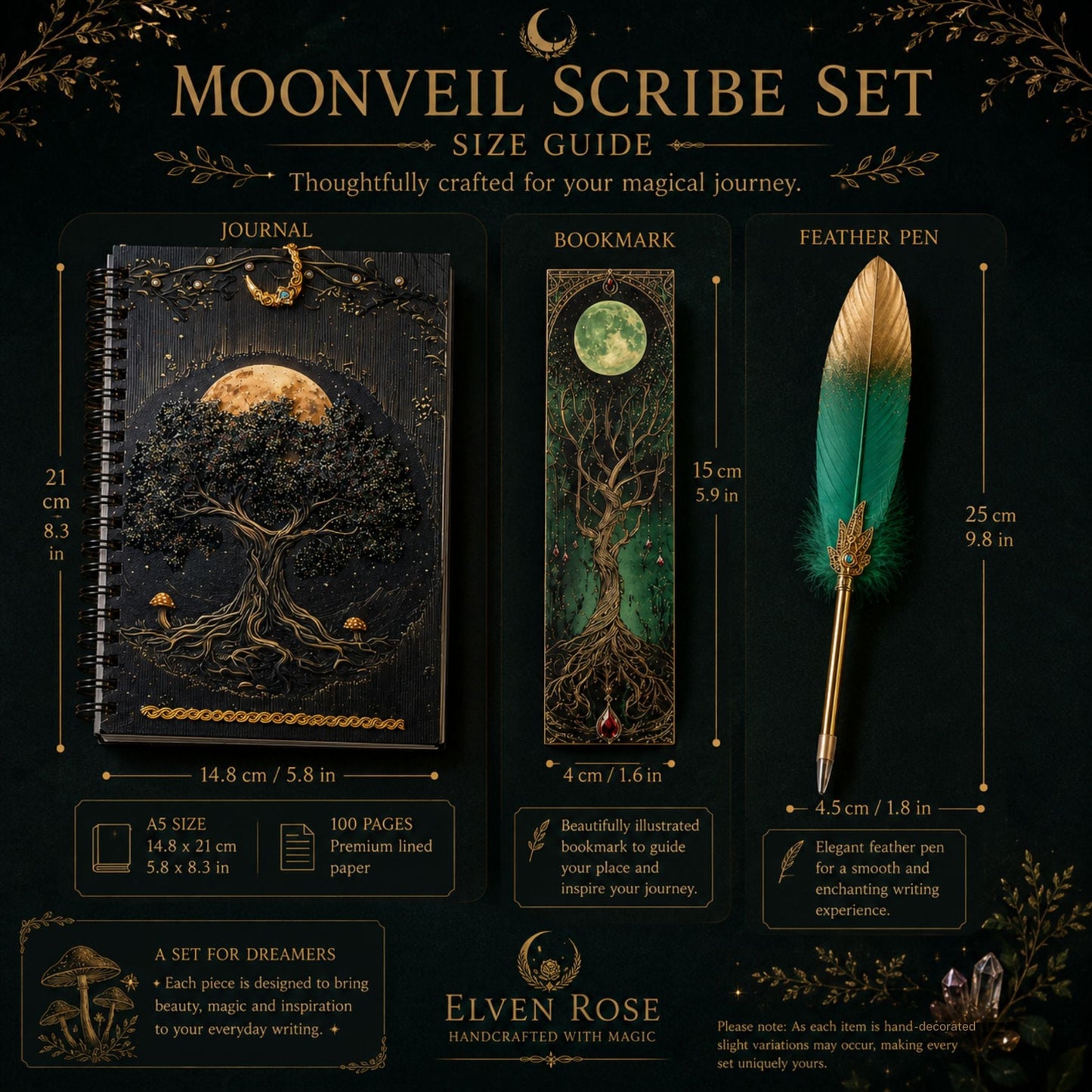 Moonveil Scribe Set - A Handcrafted Fantasy Writing Collection - Elven Rose