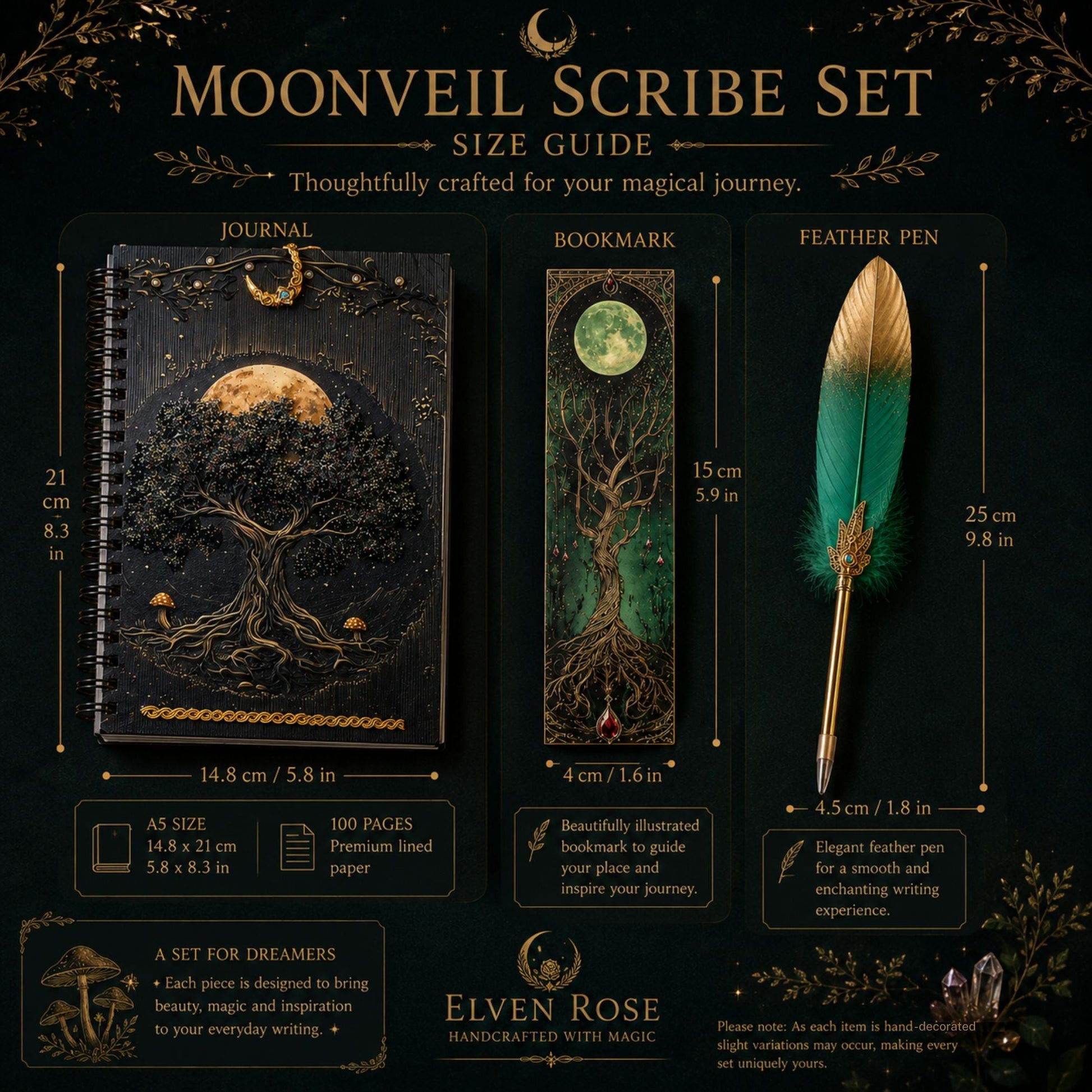 Moonveil Scribe Set - A Handcrafted Fantasy Writing Collection - Elven Rose
