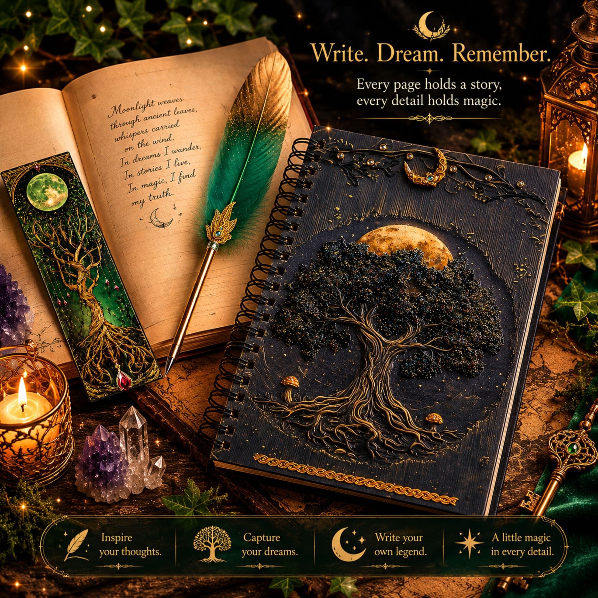 Moonveil Scribe Set - A Handcrafted Fantasy Writing Collection - Elven Rose