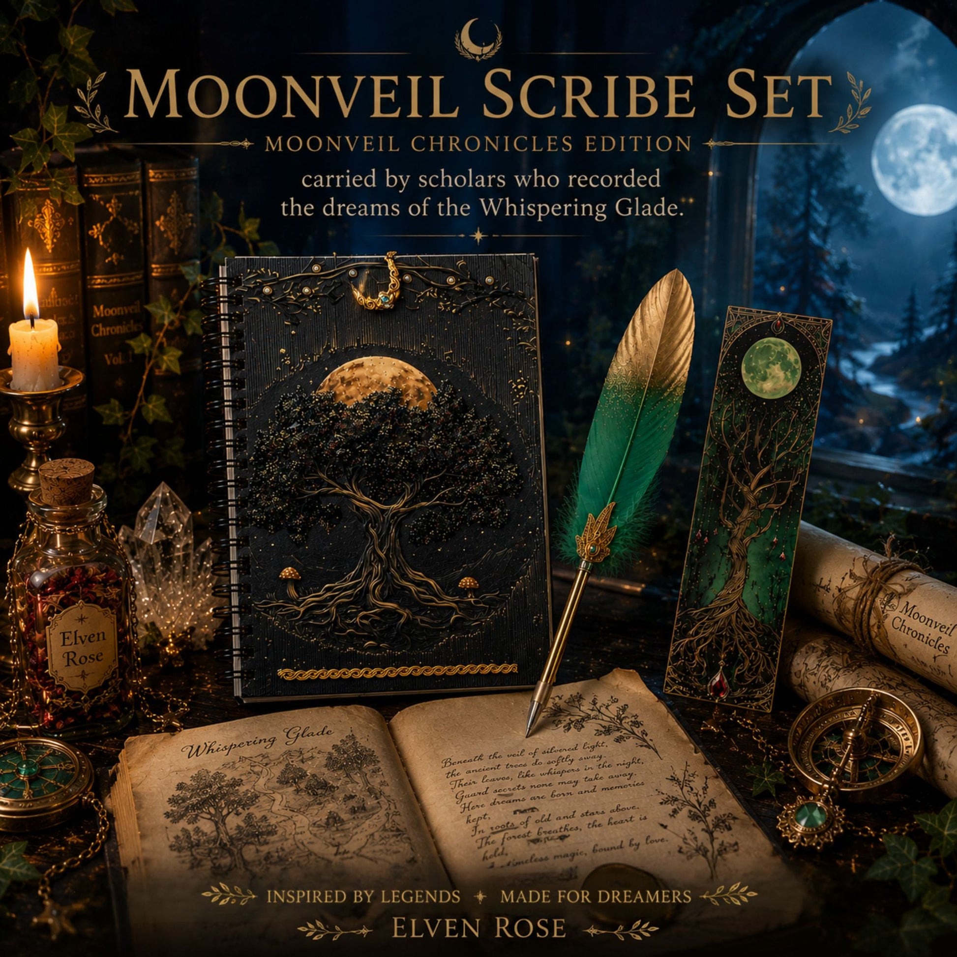 Moonveil Scribe Set - A Handcrafted Fantasy Writing Collection - Elven Rose